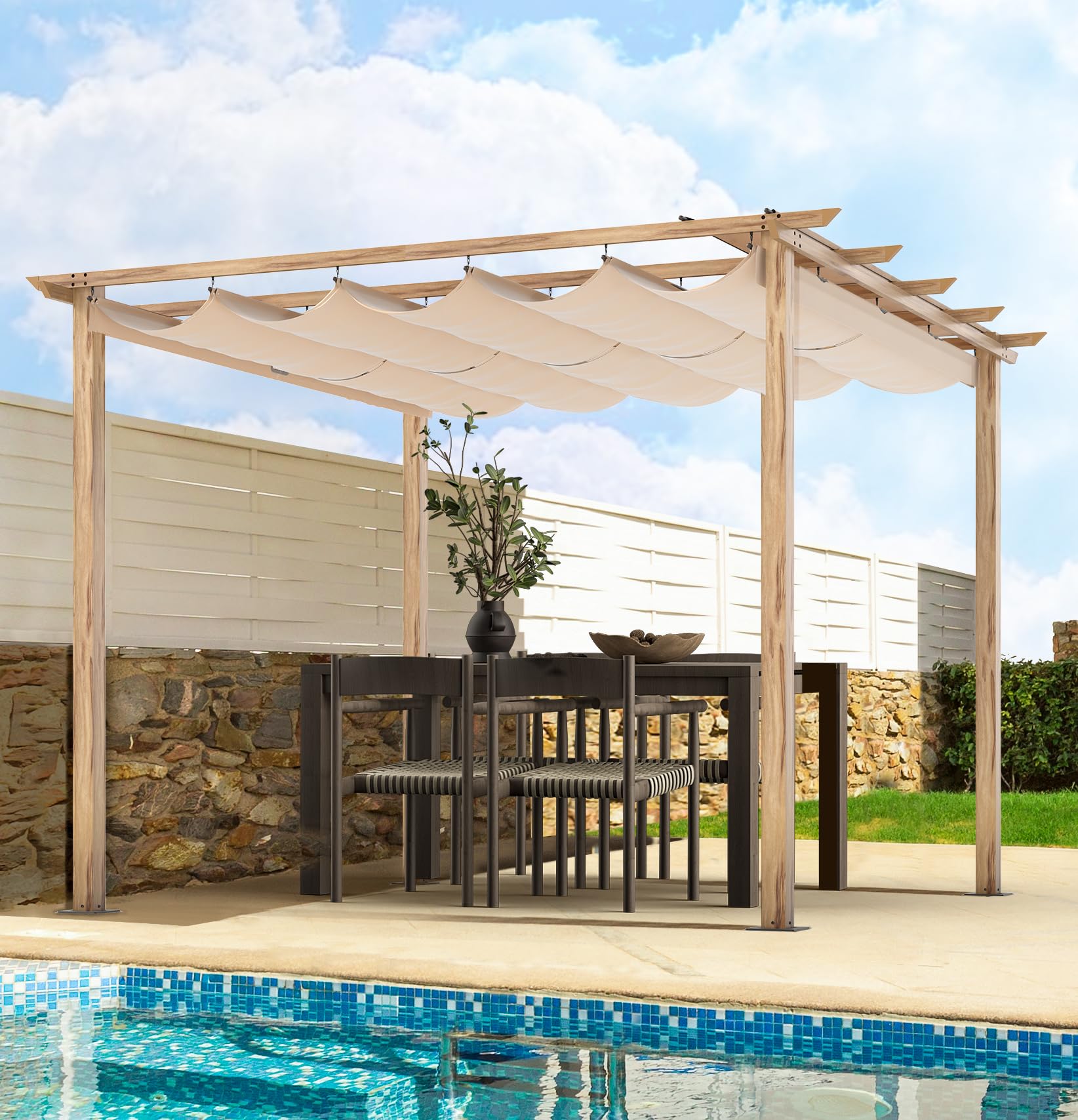 HAPPATIO 10' X 10' Wood-Grain Retractable Pergola