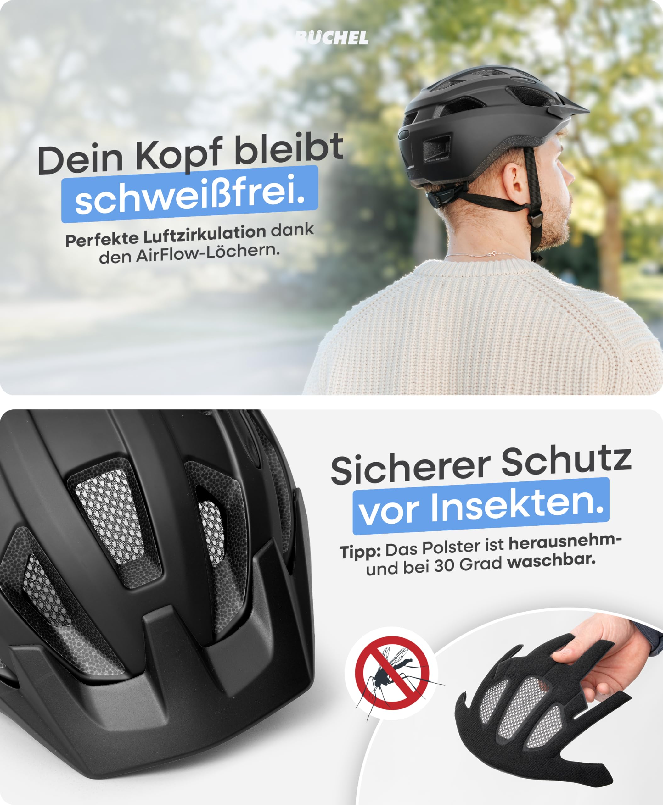 BÜCHEL Casco Bici Uomo, Donna, Bambini – Casco con Tecnologia In-Mould & Cam Lock – Imbottitura per il Mento e Rete Anti-Insetti Lavabile – Cascos Monopattino Elettrico Adulti 52-57 & 58-61 cm