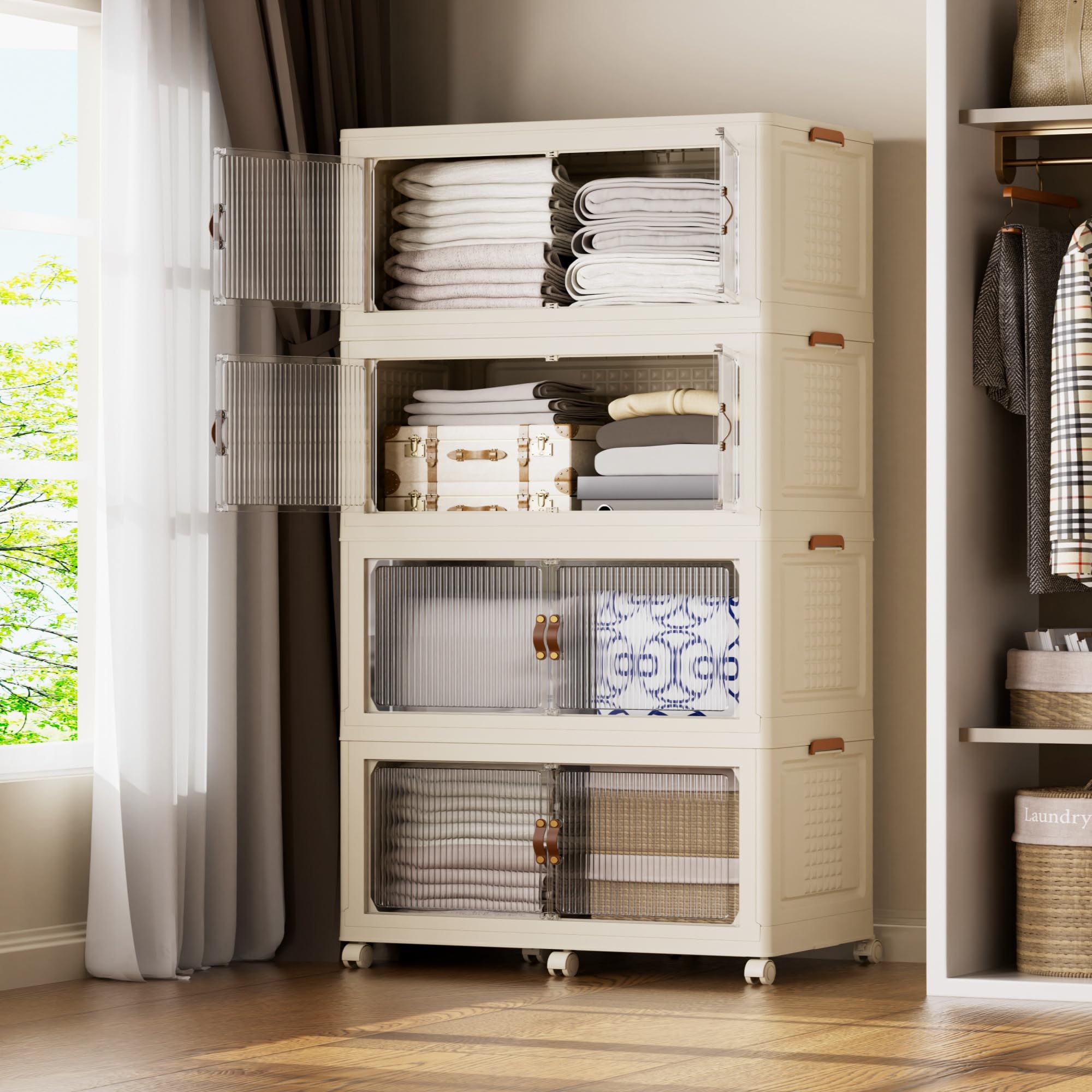SAILUN SAILUN 190Gal/760Qt Stackable Storage Bins Folding Collapsible Storage Bins with Lid, Closet Organizers and Storage Box with Door Cream 33.5" W x 19" D x 69" H
