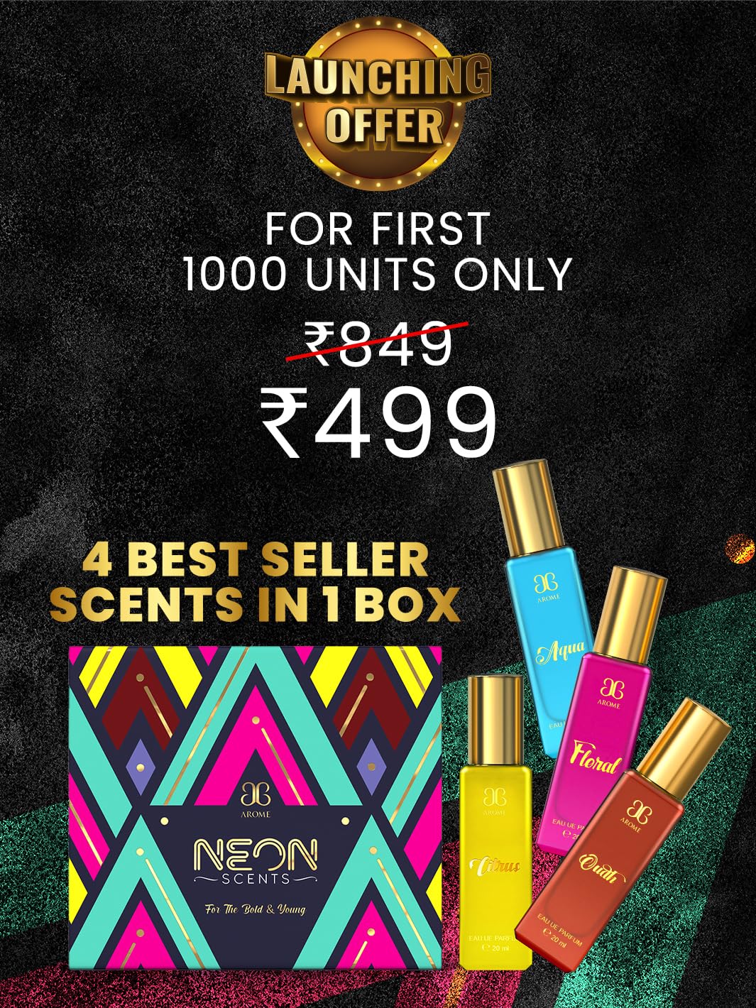 AROME NEON SCENTS Gift Pack - Set of 4 Premium Fragrances (Floral, Citrus, Aqua, Oudh) for Men and Women, Long-Lasting Eau De Parfum Collection (4x20)-image-25