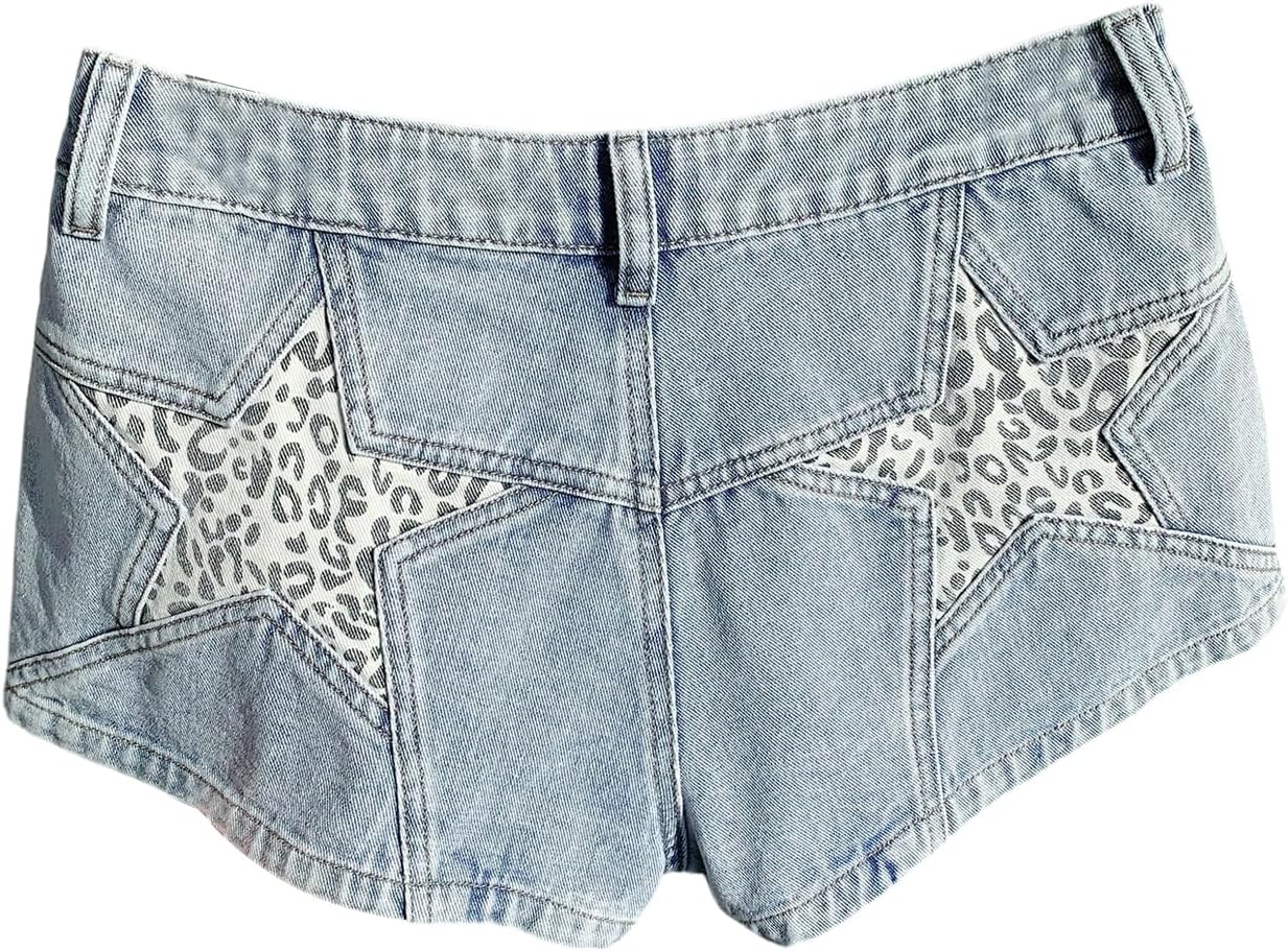 WDIRARA Women's Leopard Star Denim Shorts Y2k Low Rise Mini Jean Shorts