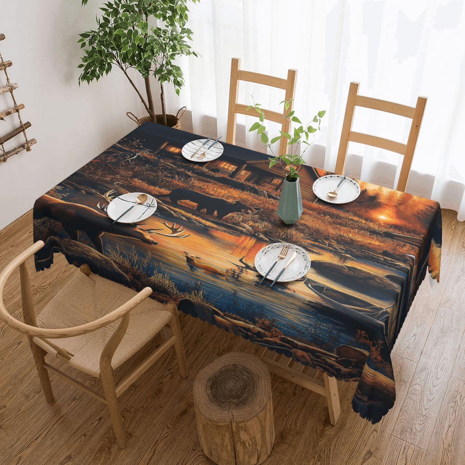 Nappe coucher de soleil faune et scène fluviale anti tache 137x183cm
