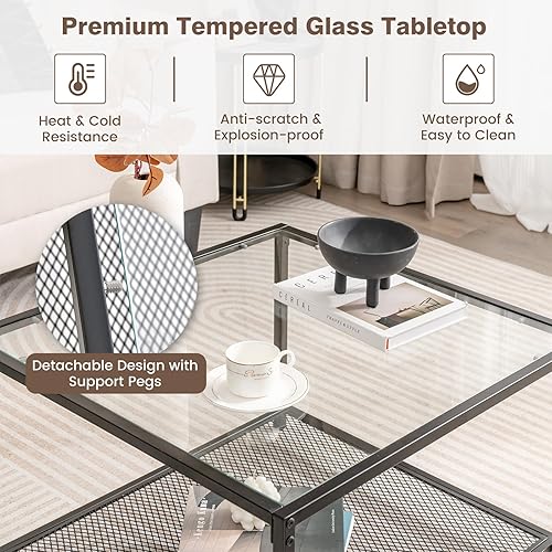 Miniatura 4 de COSTWAY Mesa de centro cuadrada de vidrio de 27.5 pulgadas, mesa decorativa de 2 niveles con estante de malla y marco de metal, mesa de té central