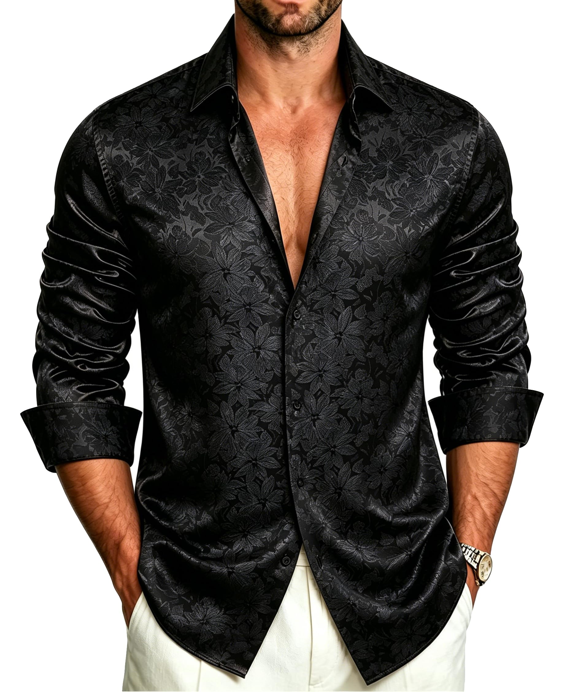 YourTies Mens Silk Paisley Dress Shirt Casual Button Down Shirt Long Sleeve Western Floral Shirts Wedding Party Holiday