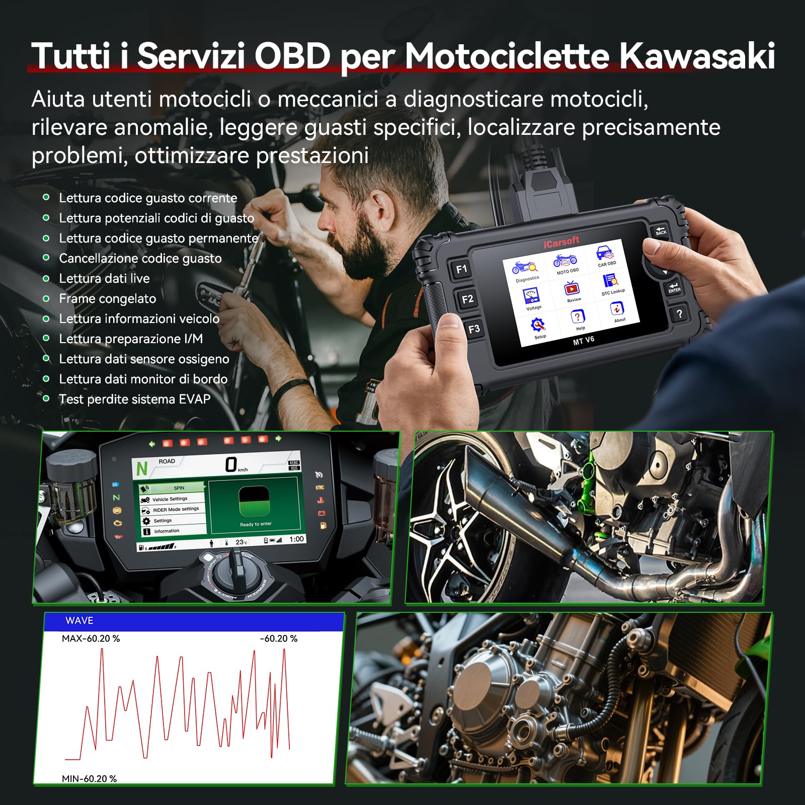 Motorrad Diagnosegerät für Kawasaki, iCarsoft MT V6 Motorrad Alle System Scan Werkzeuge mit Alle Aktuationstests, Sonderfunktionen, Batterietest, Lesen/Löschen von Fehlercodes