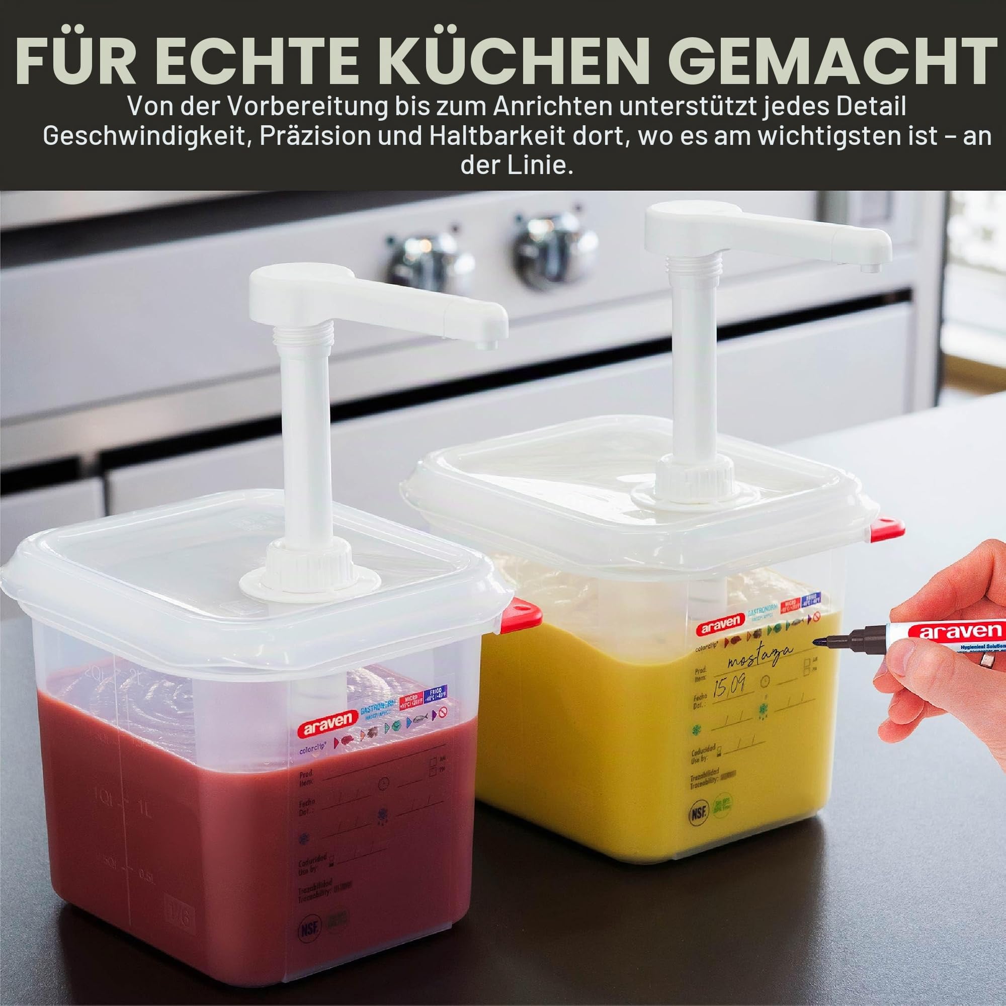 Araven RVN013 Saucenspender GN 1/6, Transparent, spülmaschinenfest, Druckpumpe, 2,6 l,