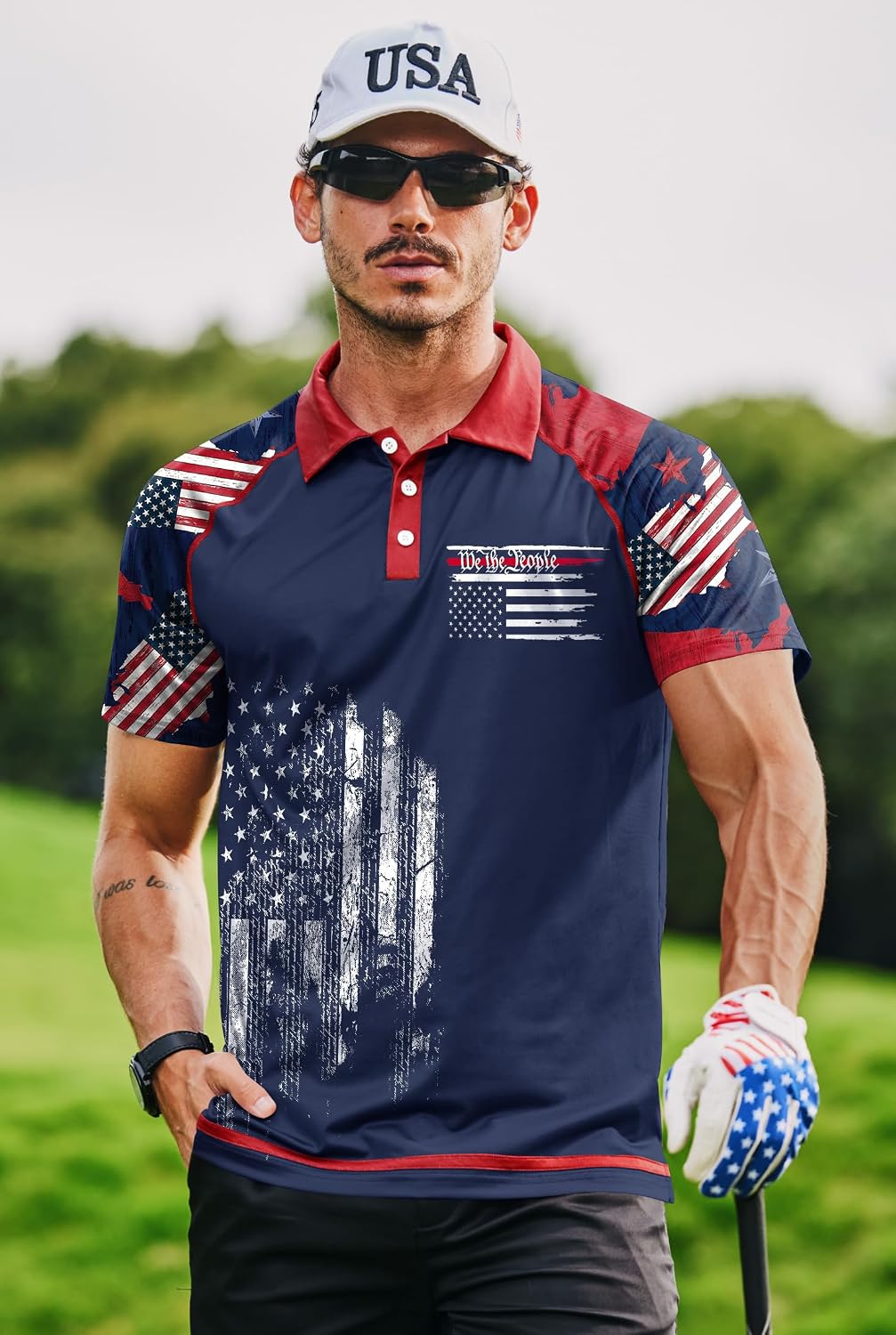 Mainfini Men's Patriotic Polo Shirts Stretch UPF 50+ Short Sleeve Raglan American Graphic Golf Shirt (S-3XL)