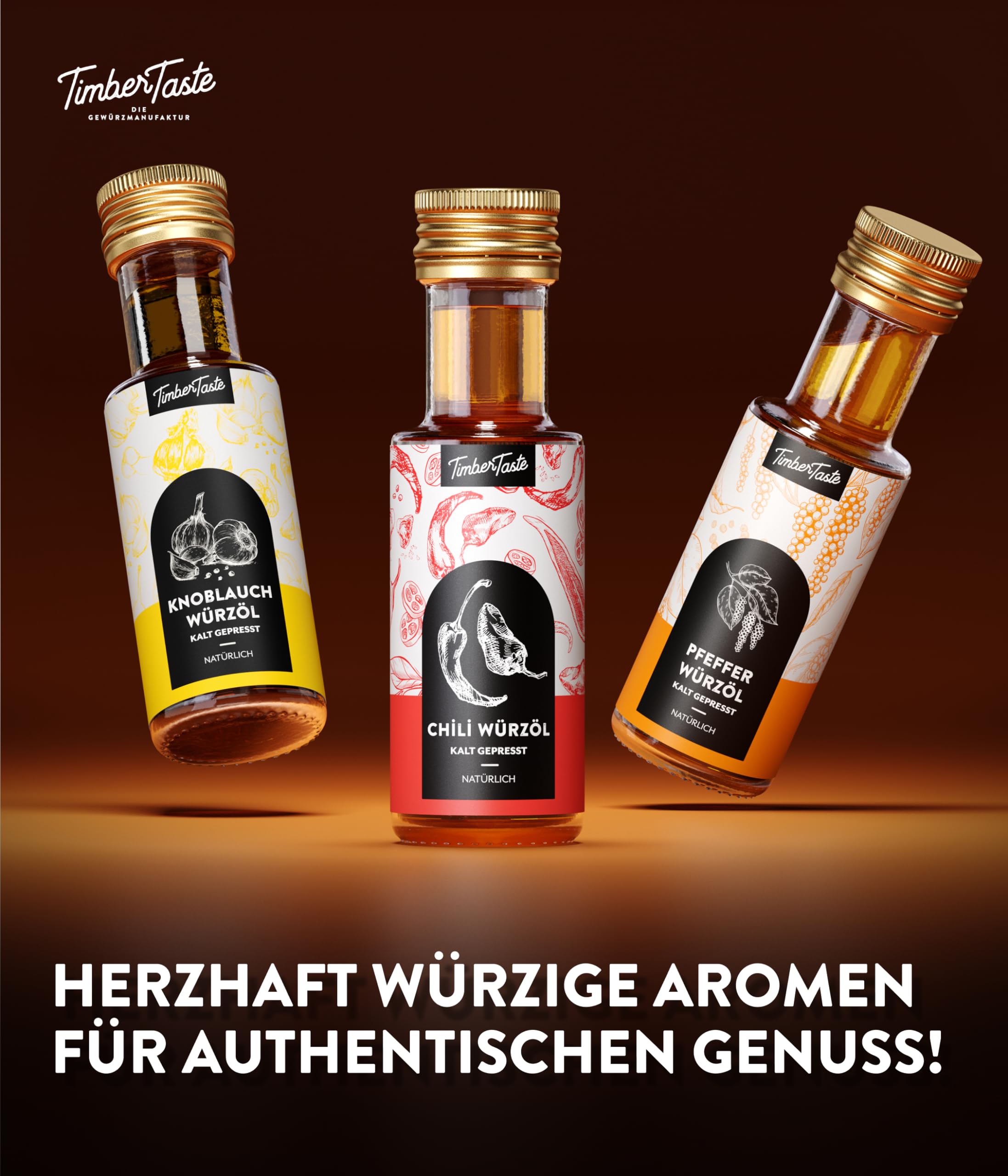 TIMBER TASTE® Öl Geschenkset für Männer RUSTIKAL - 3 erlesene Speiseöle 3x100ml - Premium Öl Set Geschenk Set