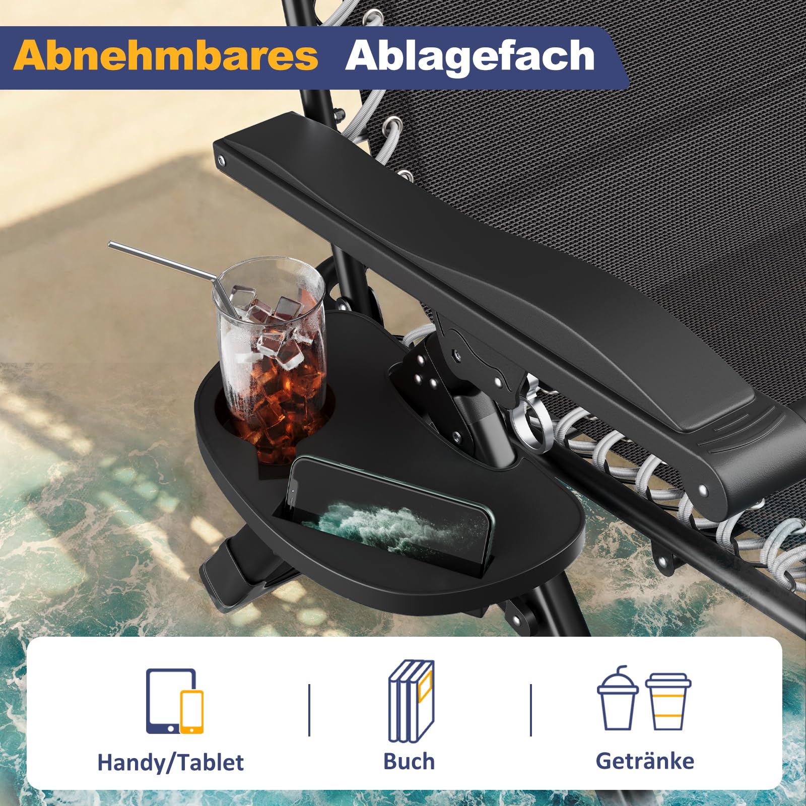 Dripex Sonnenliege Klappbarer Gartenstuhl mit Abnehmbarem Kopfkissen, Liegestuhl mit Verstellbarer Rückenlehne für Balkon, Terrasse, Einzelerpack oder Zweierpack (Schwarz Einzelerpack)