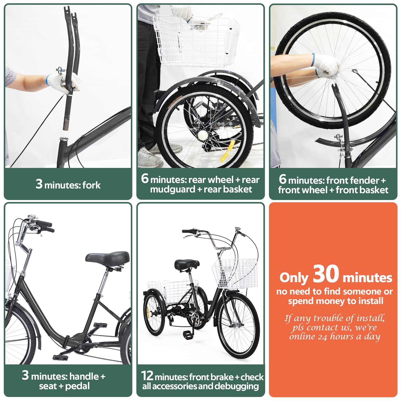 Eosaga PreInstallation Adult Folding Tricycles, 7 Speed Folding Adult Trikes, 24 Inch 3 Wheel