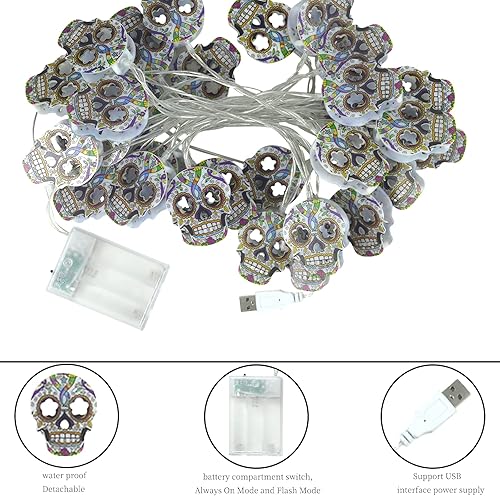 Miniatura 4 de Guirnalda de luces de Halloween, 2 paquetes de luces de calavera de 15 pies, 30 LED, luces de hadas de Halloween, luces de decoración de otoño,