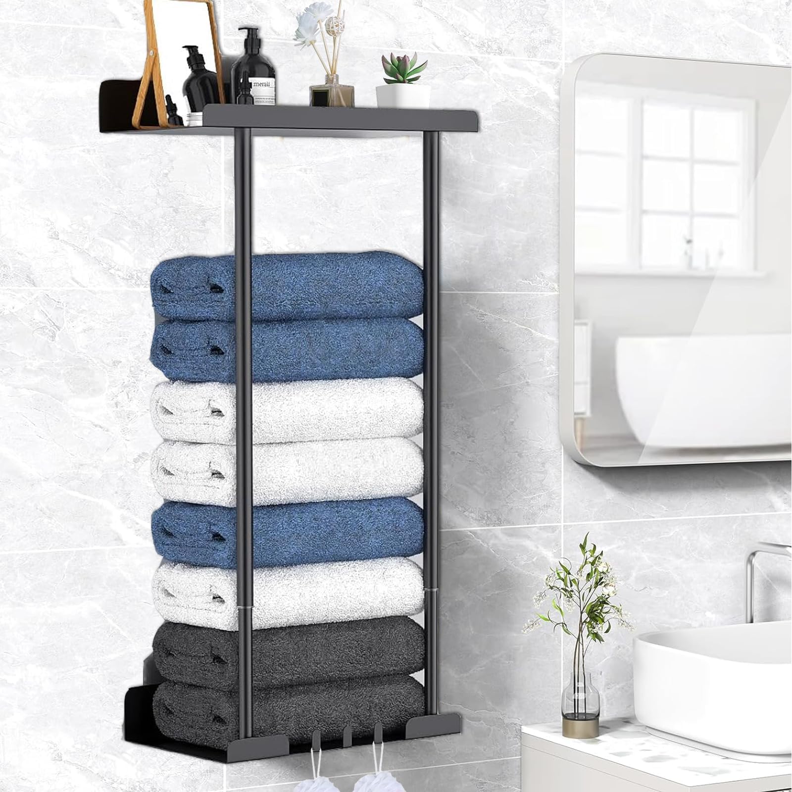 Ricihene Towel Rack with Shelf with 3 Hooks, Metal Towel Racks for Bathroom Wall Mounted, Wall Towel Storage Holder 30In, Bath Towel Rack for Rolled Towels (Black)