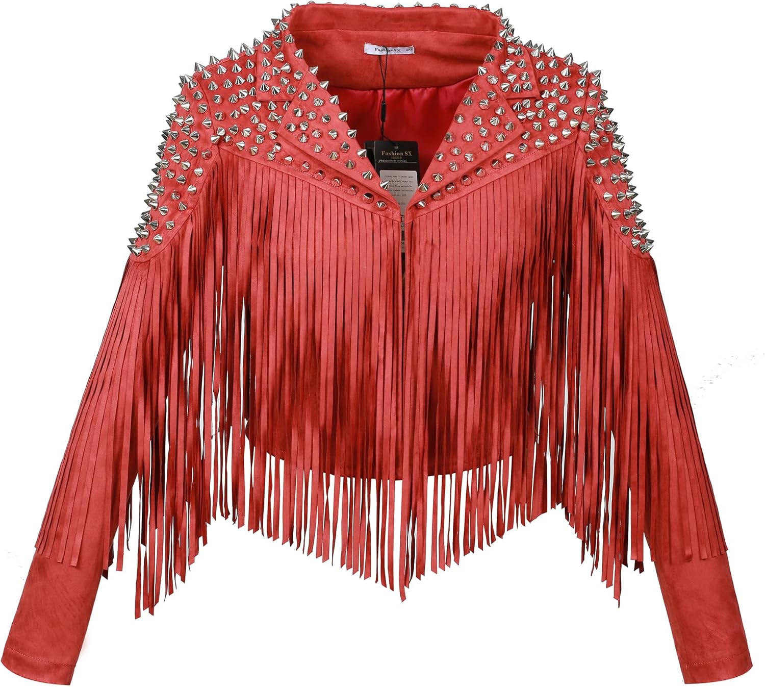 Fashion SX Women's fashionable short style rivet decoration tassel faux fur motorcycle jacket