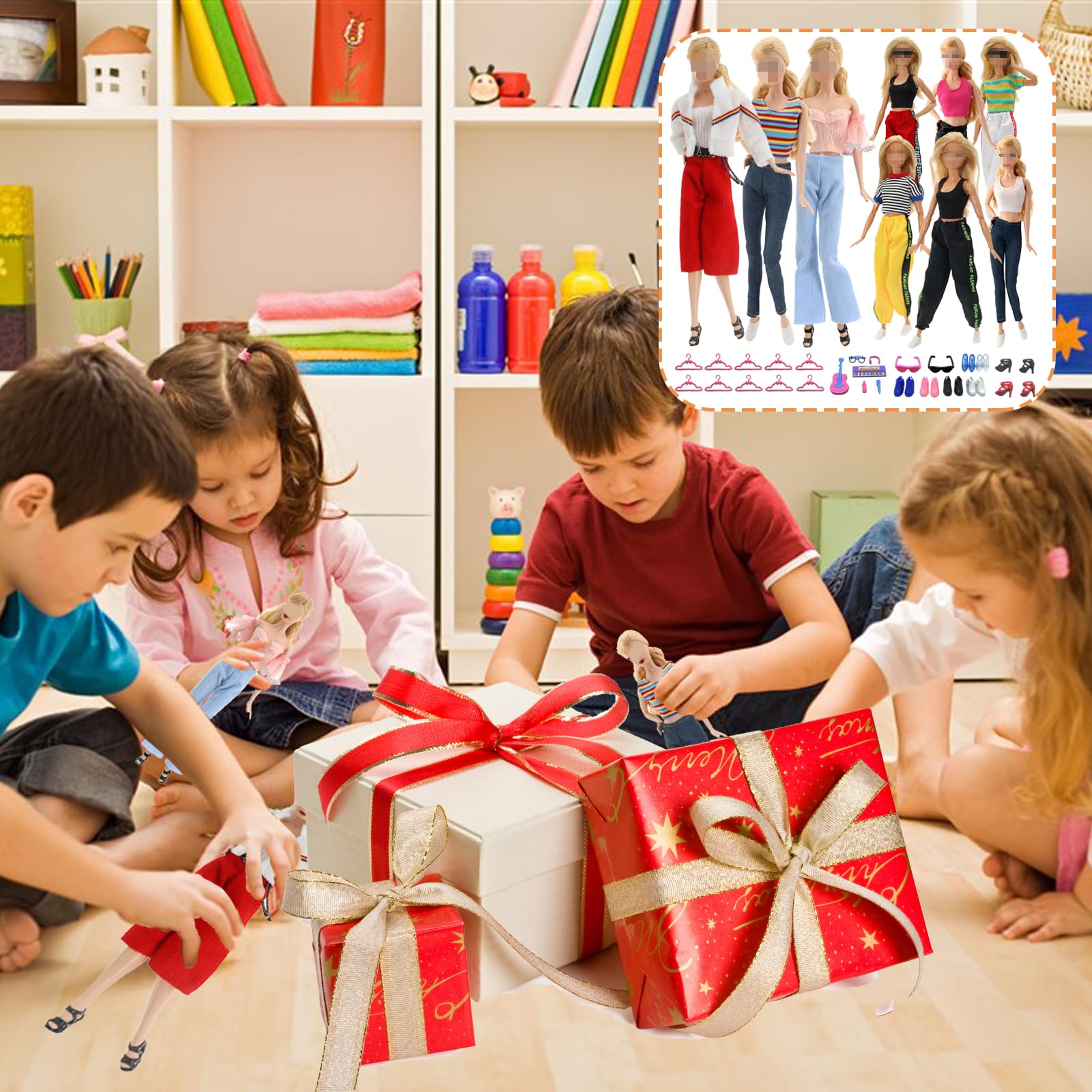 Odzież dla lalek Barbie, w tym moda 6 topów 6 spodni 10 wieszaków na ubrania 6 par butów rekreacyjnych 6 akcesoriów muzycznych 1 zimne szkło w losowej kolejności dla lalek 30 cm