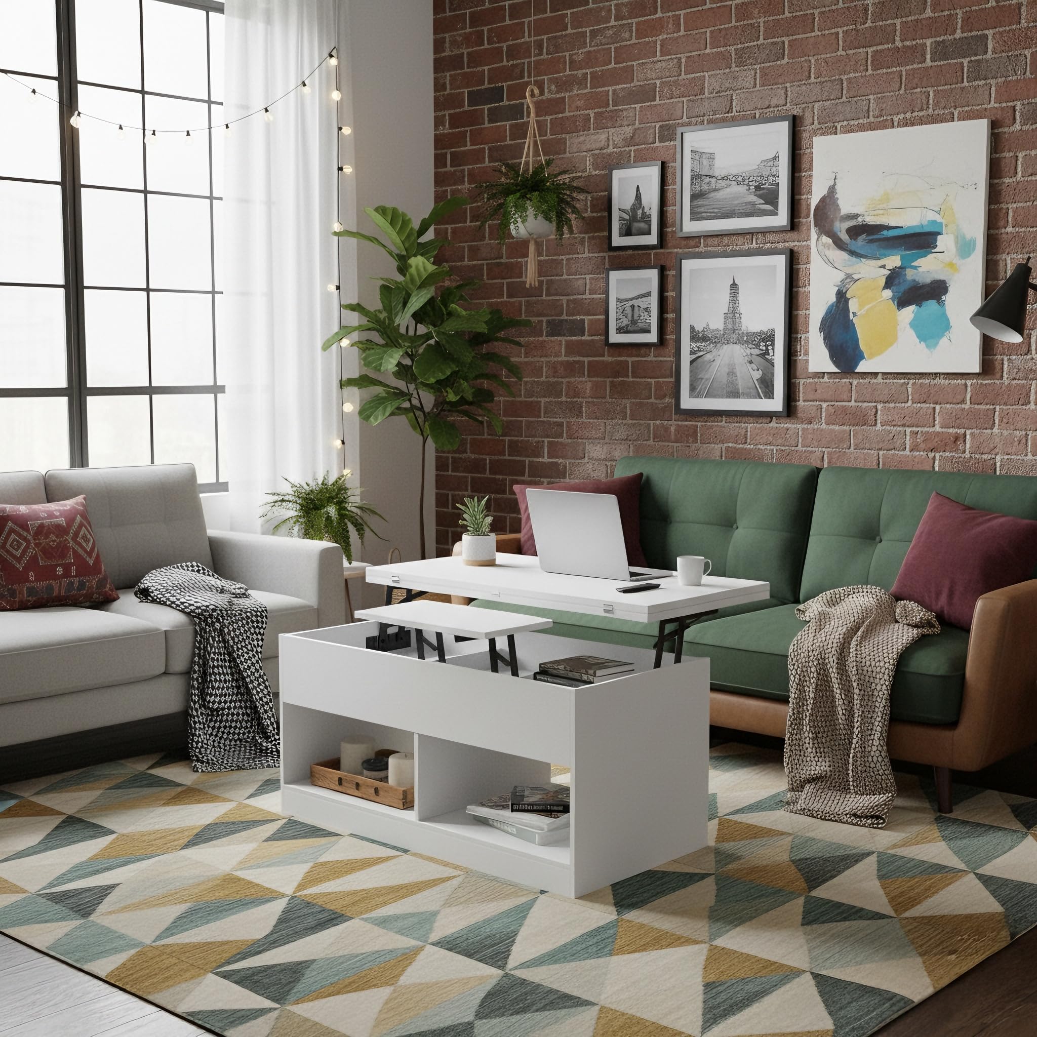 Mesa de café, mesa de salón ajustable en altura, mesa de café con placa elevadora, 2 compartimentos abiertos y almacenamiento oculto, mesa auxiliar rectangular para sofá, puede convertirse en
