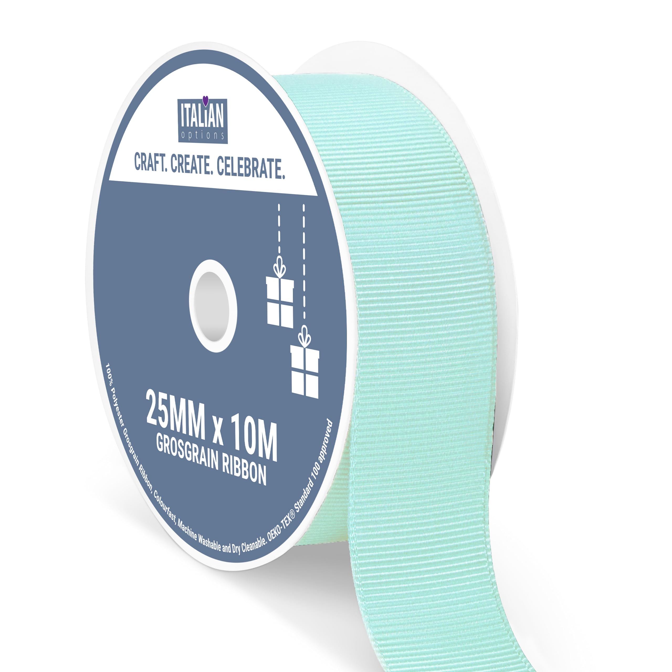 Italian Options Grosgrain Ribbon 25mm, Strong Plain Duck Egg Blue Ribbon for Bows, Wedding, Crafting, Sewing, Hair Accessories, Gift Wrap, 25 mm x 10 Metre Roll, Duck Egg — image 1