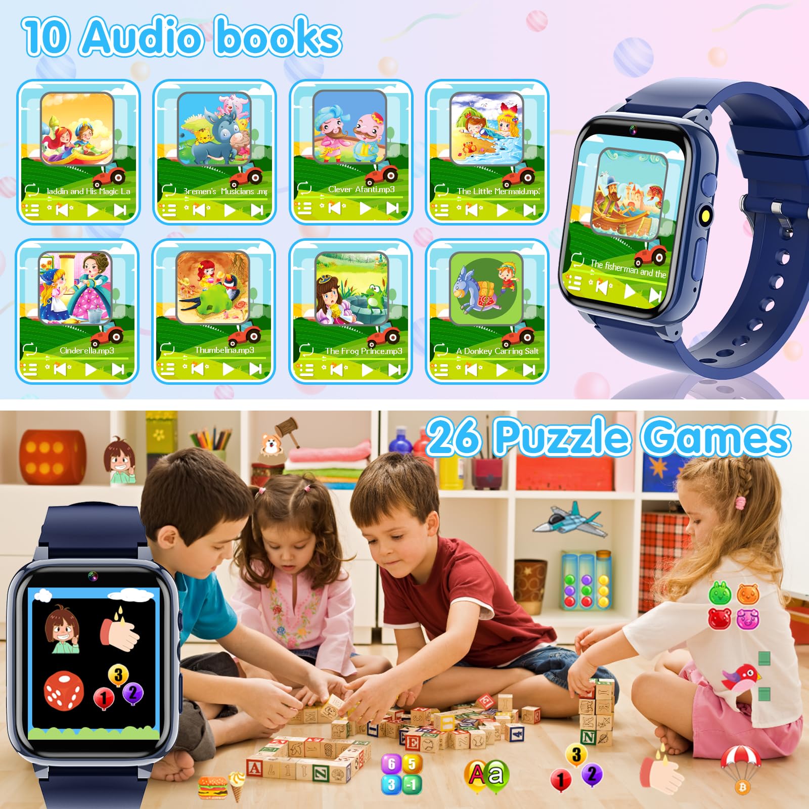 clleylise Montre Connectée Enfant - Smartwatch avec 24 Jeux, Appels, Musique et Plus pour Enfants de 3 à 12 Ans