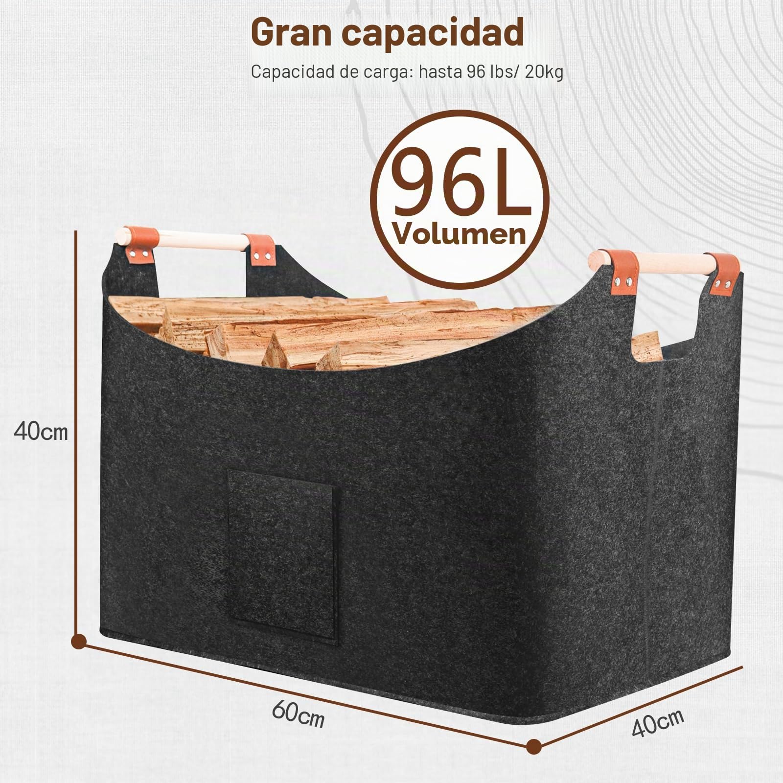 Canasta De Leña 40 x 40 x 60 cm 96L, Cestas De Fieltro Súper Gruesas Y Manijas De Madera Maciza, Cesto Leña, Fieltro De Bolsa De Leña Plegable, Disponibles Para Compras, Madera, Juguetes, Etc