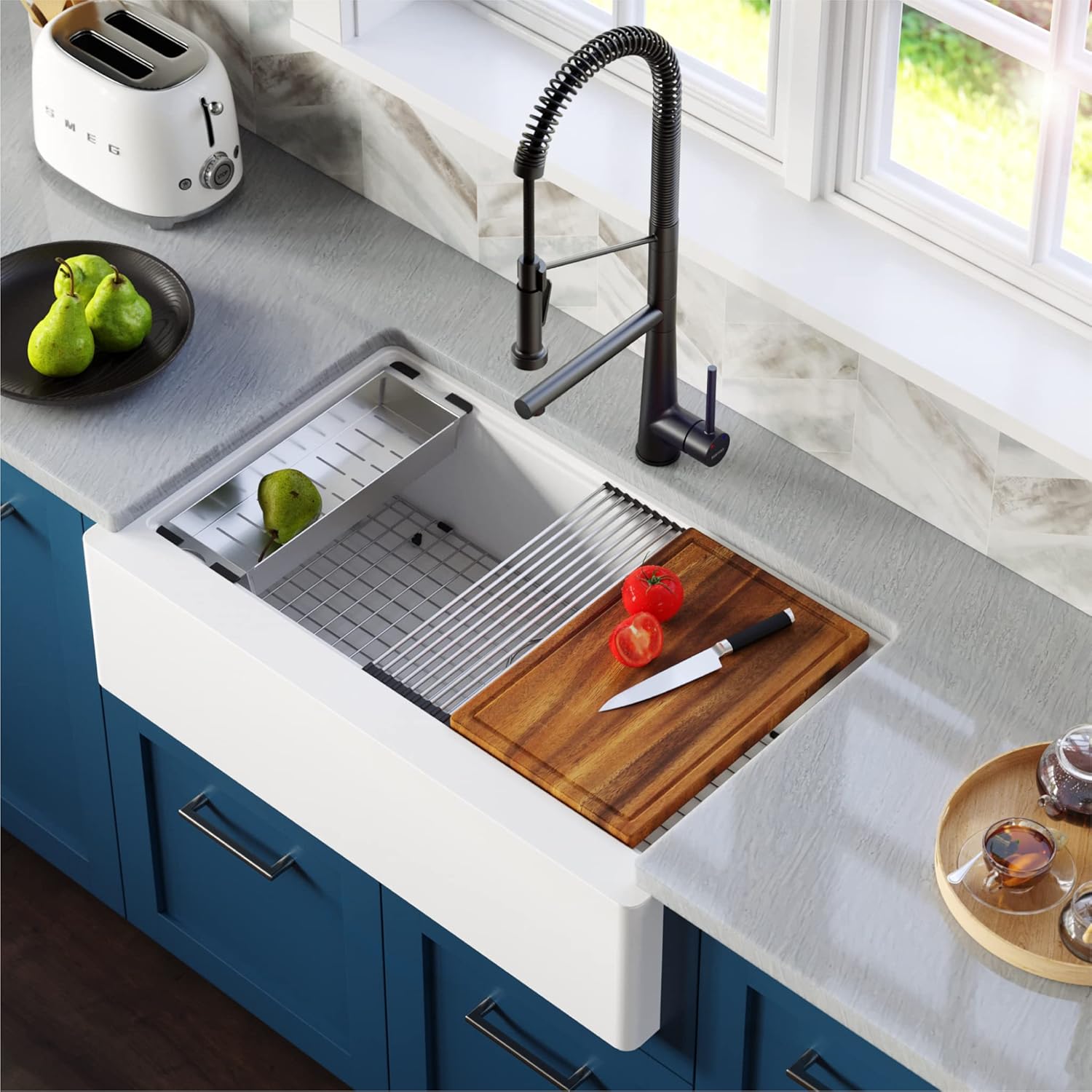 Karran 34" Quartz Composite Undermount Farmhouse Workstation Kitchen Sink in White, Single Bowl, Rear Drain, Deep 9-1/4" Apron, Includes Accessories