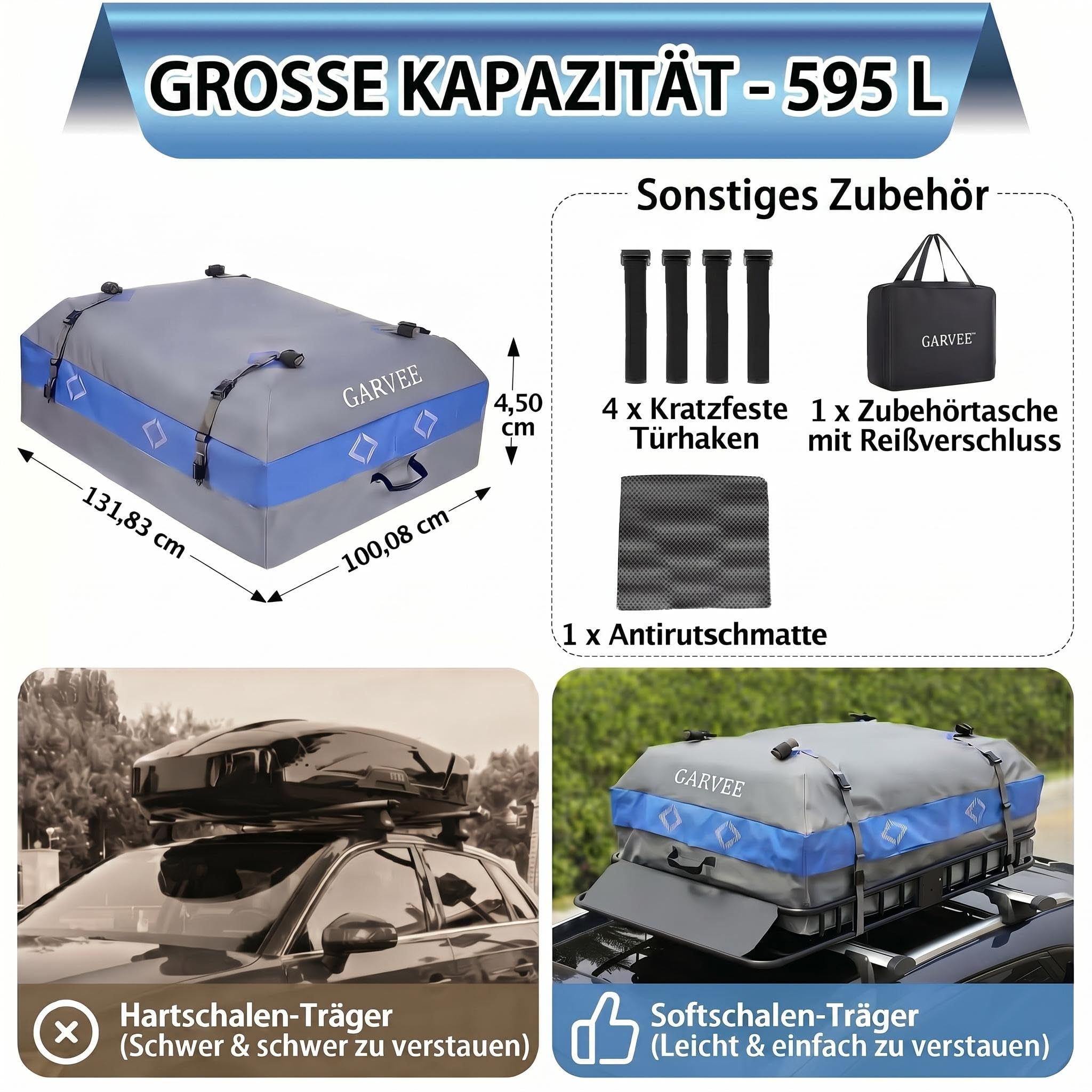 Dachbox Universal für Auto mit/ohne Dachreling, Wasserdicht | Dachkoffer aus 500D PVC, Faltbare Dachtasche mit Anti-Rutsch-Matte, Einfach Montage und Große Kapazität (595 L / 21 Kubikfuß)
