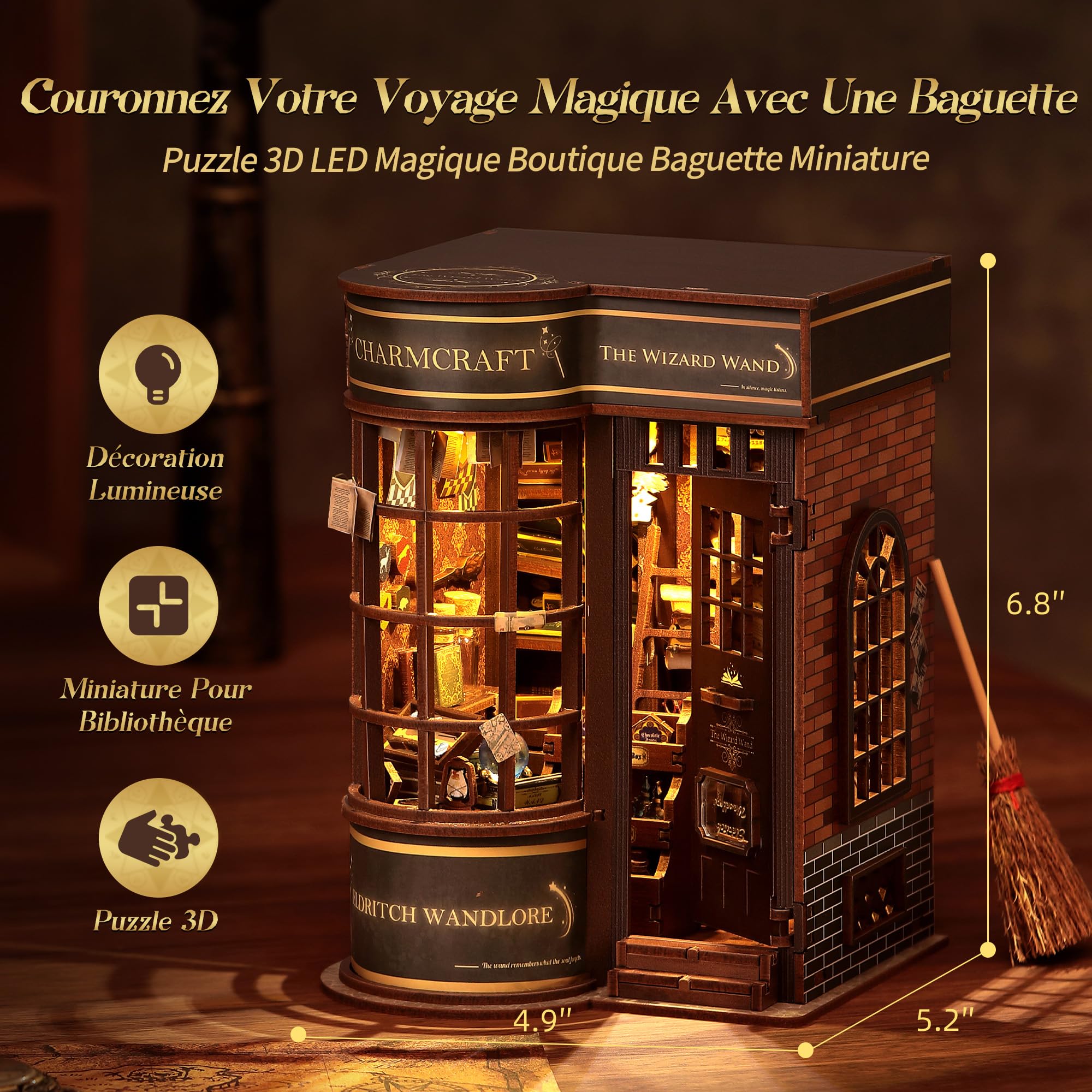 FUNPOLA Puzzle en Bois 3D Baguette de Sorcier Kit de Coin de Livre - Décoration avec lumière LED pour bibliothèque Miniature - Cadeau décoratif à Exposer (Magasin de Baguettes)