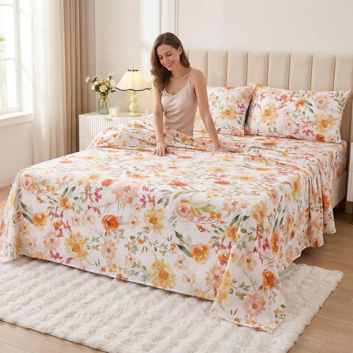 YIYEA 100% Cotton Sheets Full Size, Ultra Soft Cozy Floral Bed Sheets Set for All Season, Sateen Weave, 16" Deep Pocket, 4PC, Full