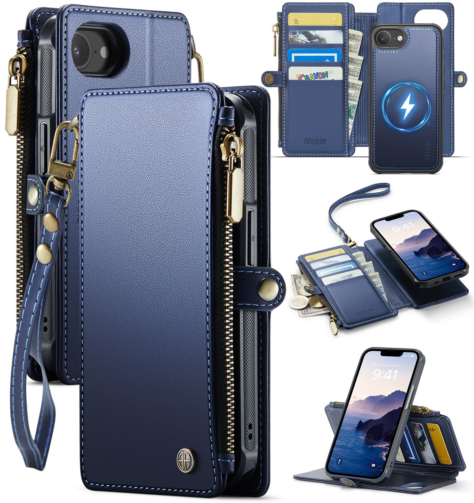 Per iPhone 16E - Custodia a portafoglio magnetica staccabile, blu | Compatibile con Magsafe, porta carte di credito con blocco RFID, tasca con cerniera, cinturino da polso