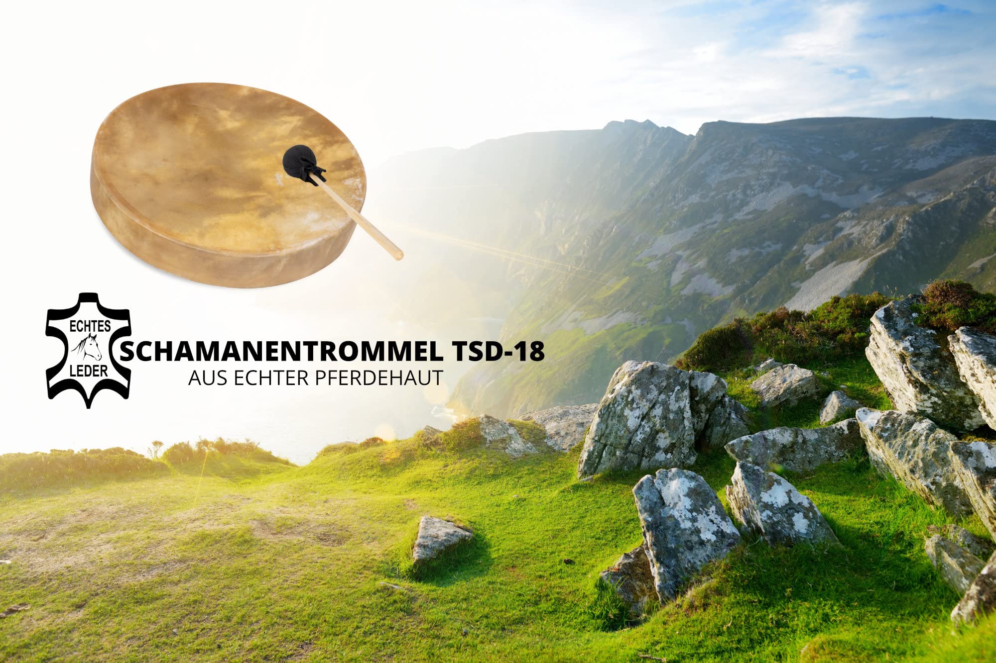 Classic Cantabile TSD-18 Tambour Chamanique Traditionnel avec Peau | Tendu avec peau de cheval, Maillet inclus, Tension par corde avec boucle de maintien, Caisse en frêne massif, 68 kg, Support
