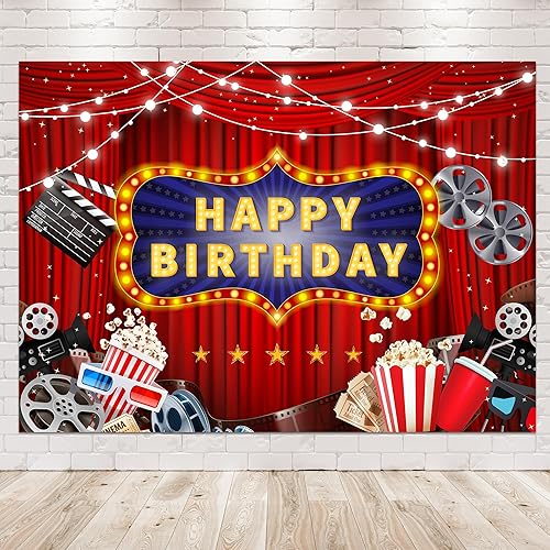 Newsely Telón de fondo de noche de cine feliz cumpleaños, 7 pulgadas de ancho x 5 de alto, fotografía de teatro moderno, película de cine alfombra