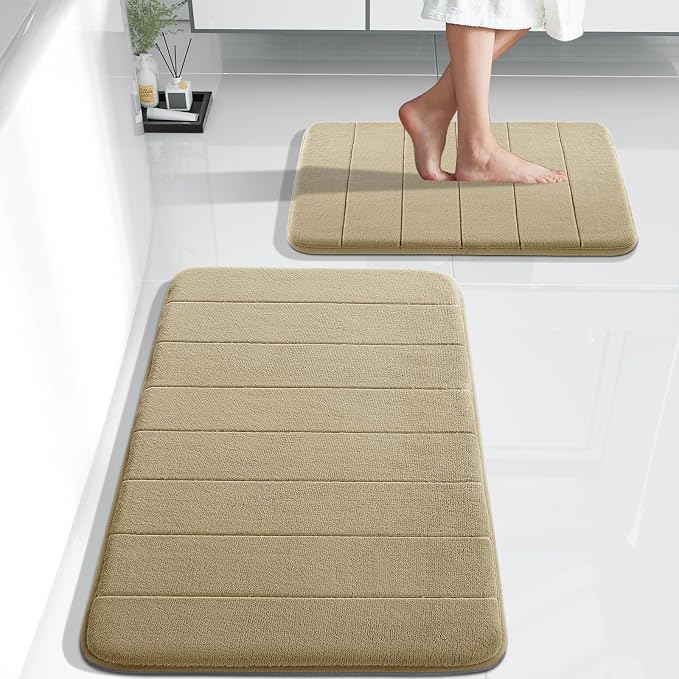 Yimobra Memory Foam Bathroom Rugs Sets 2 Piece - Super Soft Absorbent Quick Dry Bath Mat Set, Machine Washable Non Slip Floor Carpet for Tub Shower & Single Sink (17x24 & 31.5x20 Inch, Gray)
