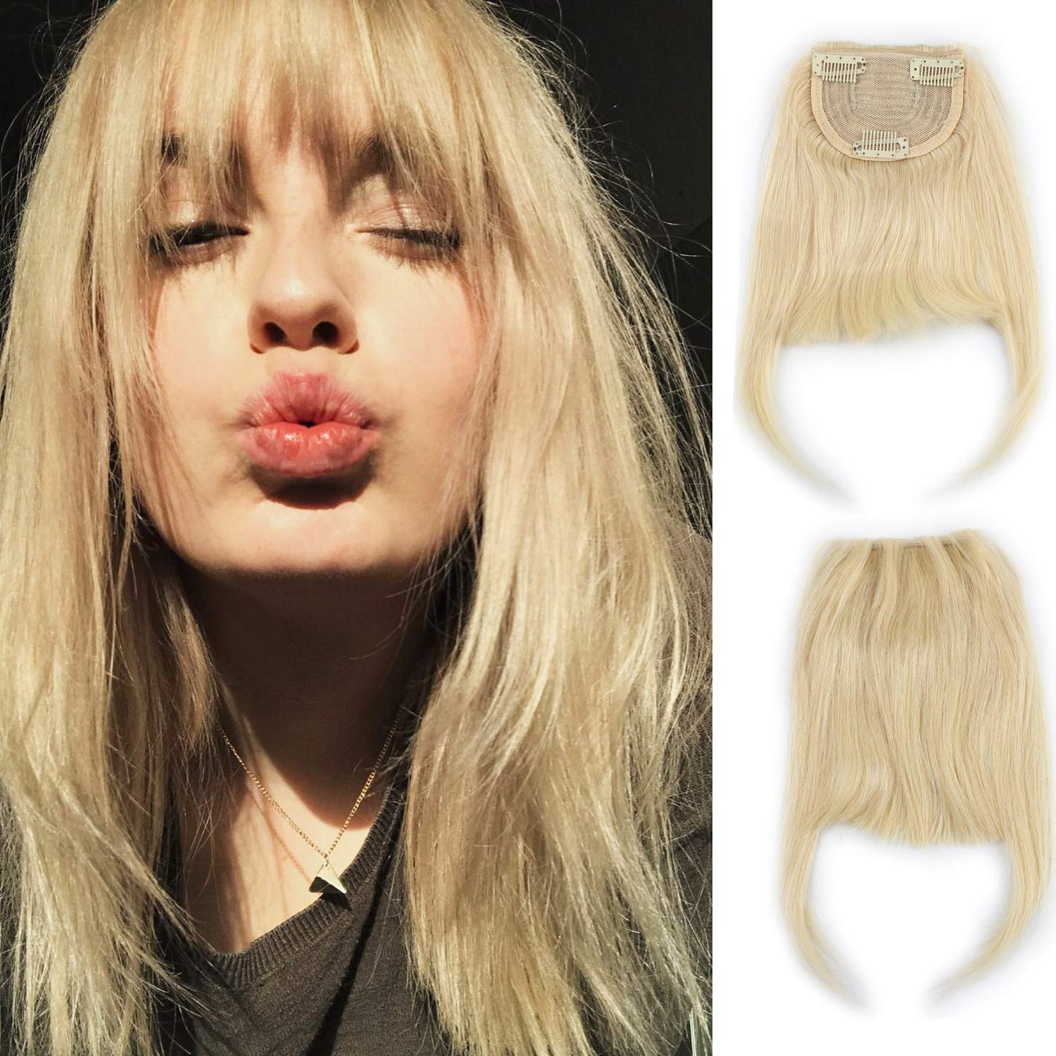 #613 Bleach Blonde: Sinoart Human Hair Front Clip-In Hair Bangs Full Fringe Short Straight Brazilian Virgin Human Hair Hairpieces Extensions For Women 6-8Inch (#613 Bleach Blonde)