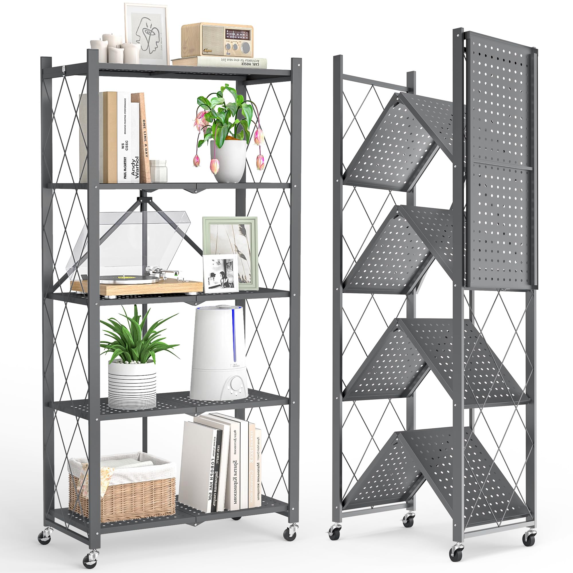 5 Tier Shelf - Foldable Storage Rack W/360° Movement Wheels, No Assemble Shelving Storage, Heavy Duty Folding Shelves, Garage Shelf Storage Organizer for Laundry, Kitchen, Utility Room(Grey, 5 Tier)-image-47