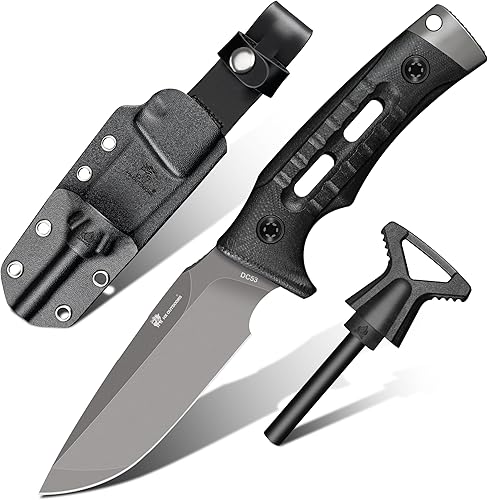 HX OUTDOORS Cuchillo de hoja fija con arrancador de fuego, cuchillos tácticos de espiga completa de acero DC53 prémium para hombres, cuchillo de