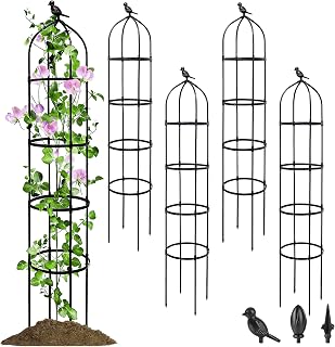 4 Pack Garden Obelisk Trellis for Climbing Plants Outdoor, 6FT Adjustable Metal Plant Support with 3 Decorative Tops, Black Rustproof Trellis for Roses, Tomatoes, Clematis & Vines