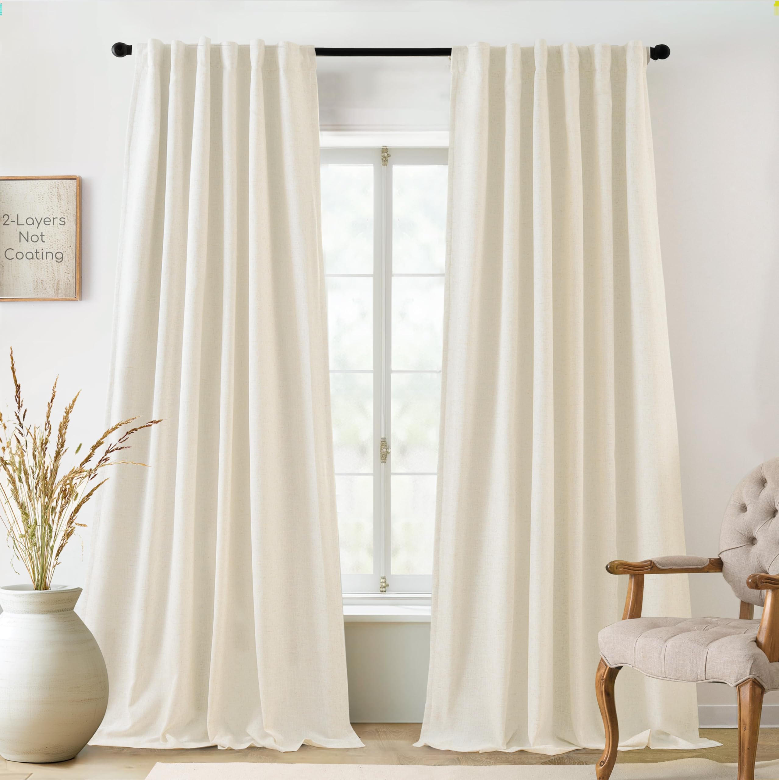 DriftAway 100% Blackout Natural Linen Curtains for Bedroom 96 Inch Long Double Layer Drape Farmhouse Thermal Insulated 3 Inch Rod Pocket Back Tab Full