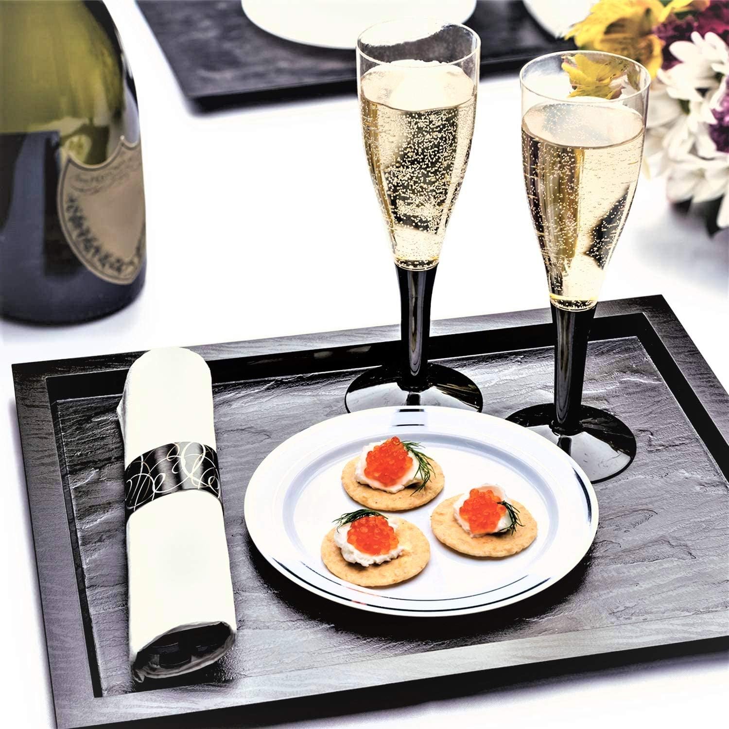 Party Essentials Party Supplies Wrapped Silverware Set Disposable, Pre Rolled Napkin and Cutlery, Spoons/Forks/Knives Black, 50 Units