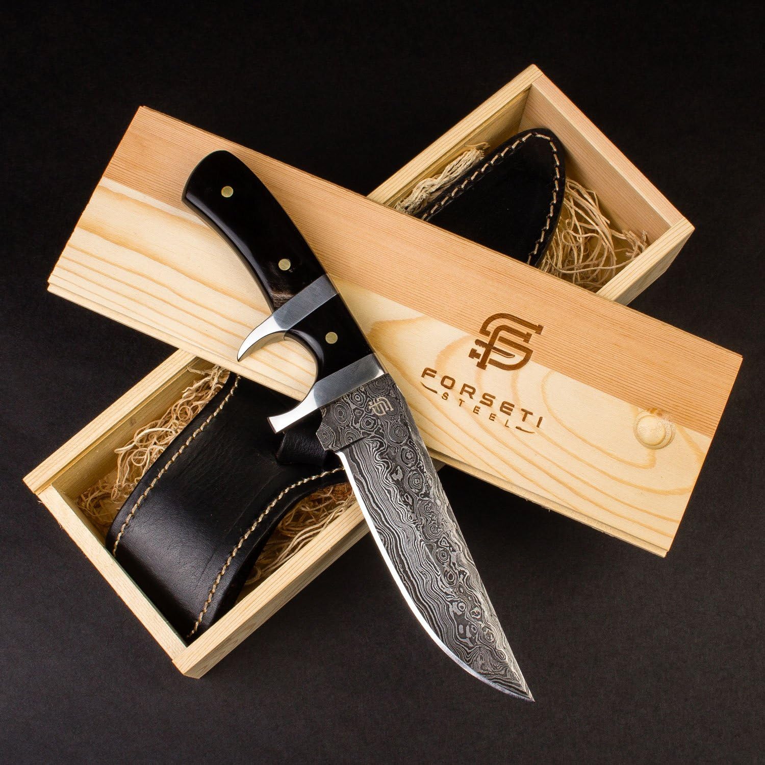 Forseti Steel Hector Damascus Steel Sub-Hilt Knife – 10” Warrior Blade – G10 and Stainless Steel Handle – Integrated Sub-Hilt Trigger