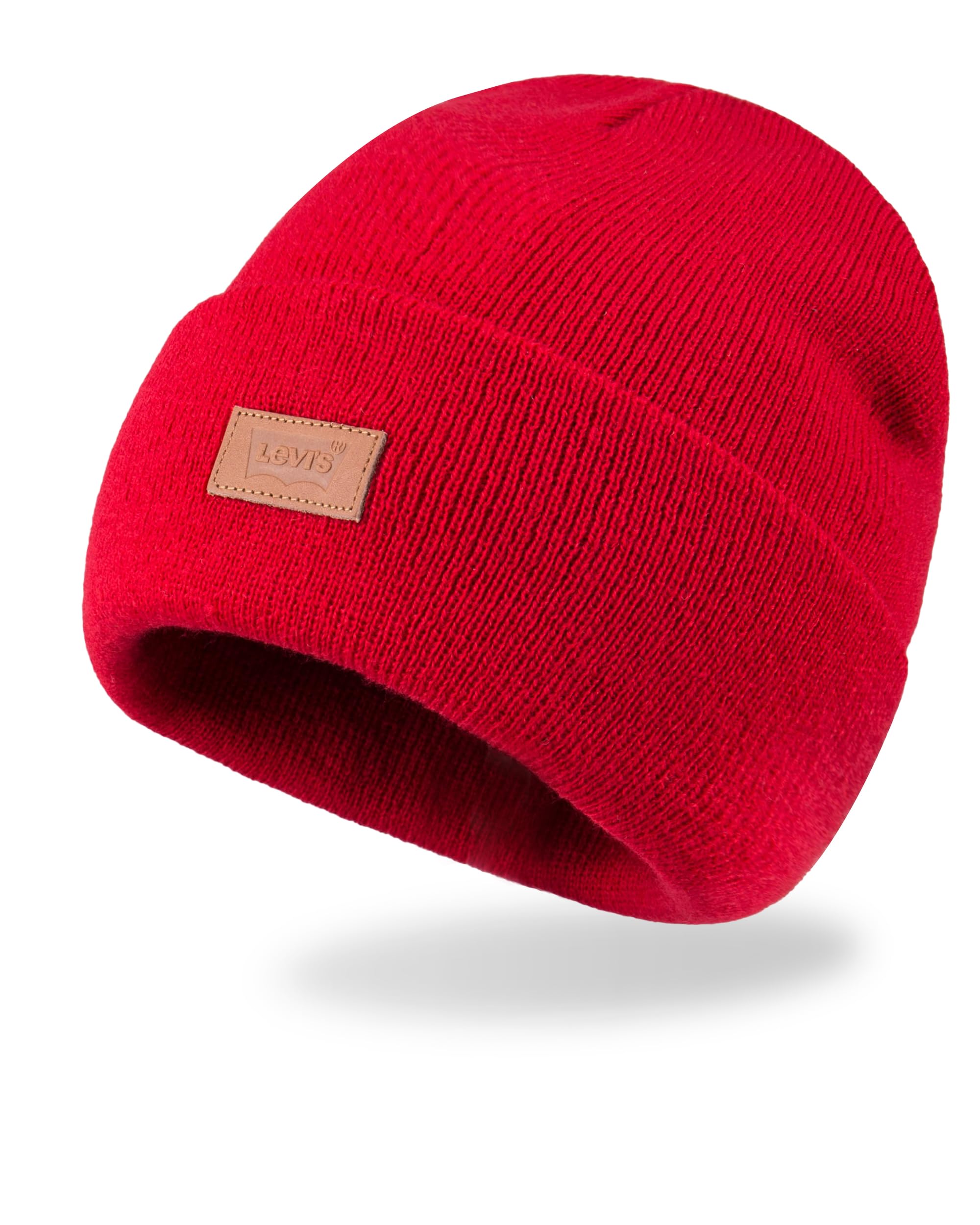 Levi's Unisex-Adult's All Season Comfy Leather Logo Patch Cuffed Hero Beanie, Red, One Size