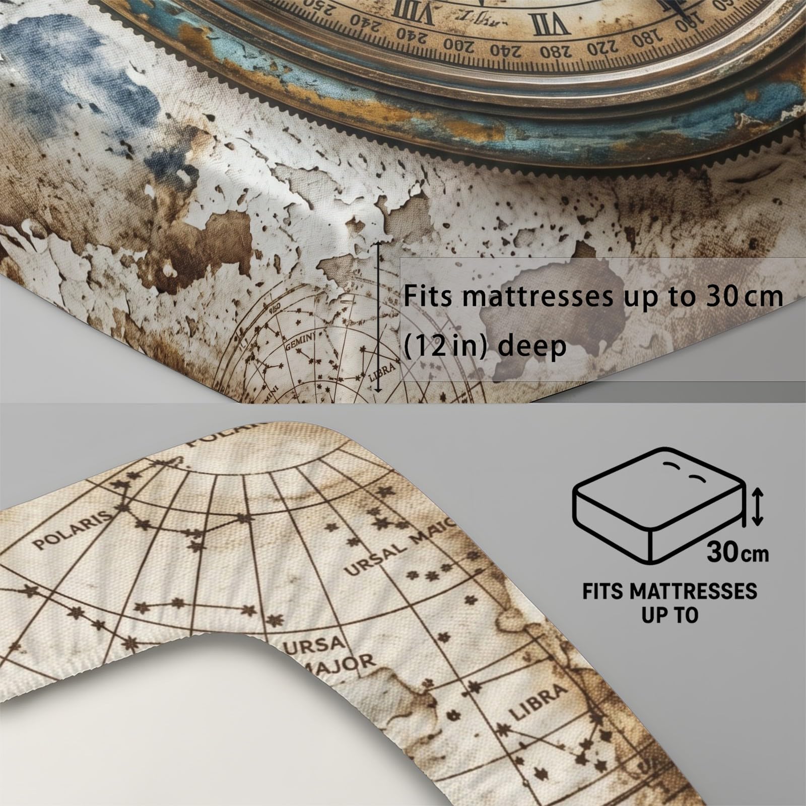 Brújula - Sábana bajera de 90 x 200 cm, gorro de 30 cm, juego de cama vintage de pared con textura para niños, adolescentes, adultos, sábana de microfibra suave, funda de colchón