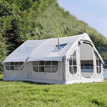 Inflatable Tent, Fully Automatic Integrated Camping Tent, 4 Season Waterproof, 10  Large Space, Chimney Exit, Mesh Windows, Easy Setup