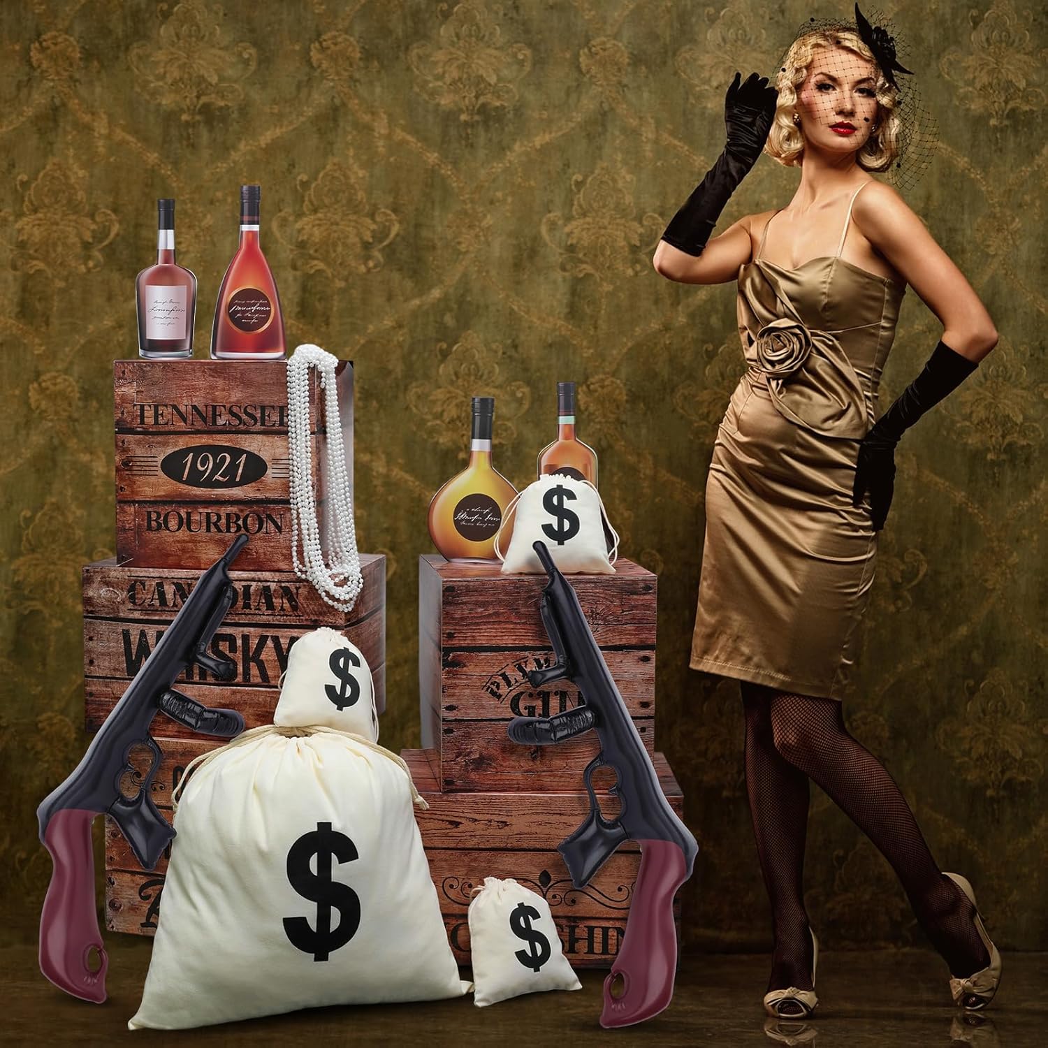 27 Pcs Roaring 20s Party Decorations 1920s Photo Backdrop Speakeasy Decor Including 5 Wood Grain Boxes 4 Whiskey Bottle Cardboard and 4 Dollar Sacks 2 Prop Guns 12 Pearl Necklace(Dark Color)