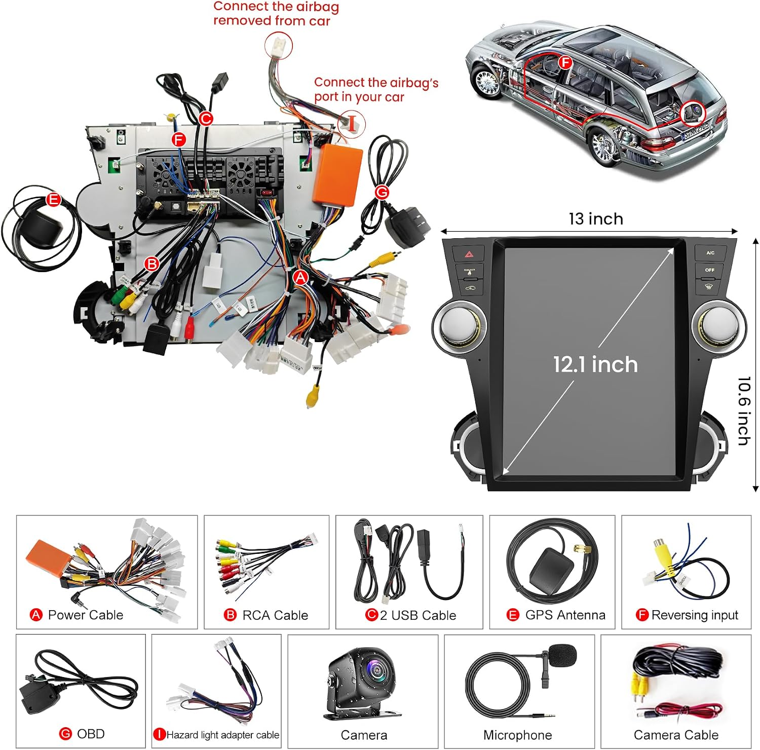 12.1 Inch Android 13 Car Radio for Toyota Highlander 2009 2010 2011 2012 2013(with Original J-B-L sound system or not), 8 Core Highlander Stereo with Carplay & Android Auto, Bluetooth & GPS Navigation