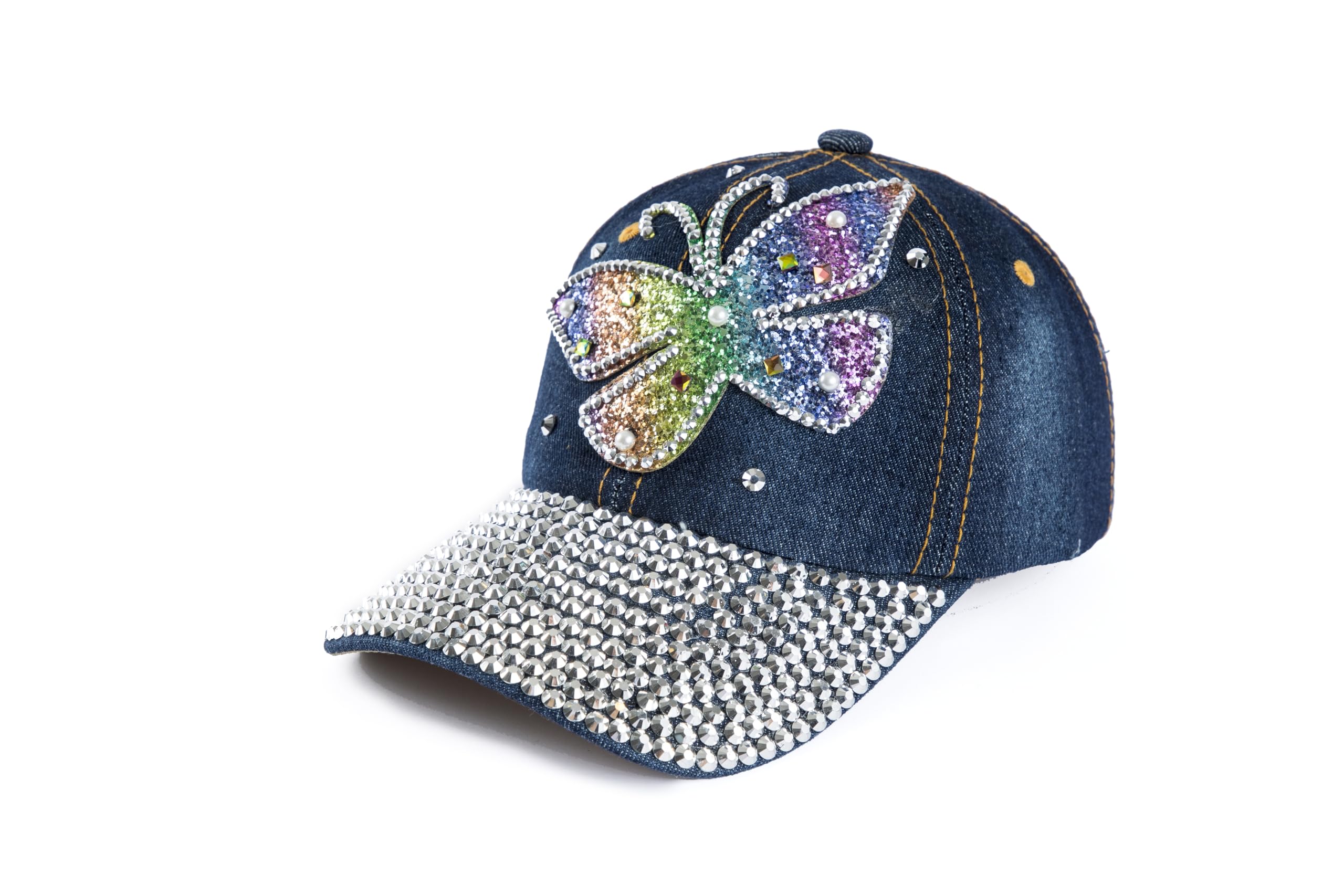 Ashen Fane 6 Panel Studded Rhinestone Bling Denim Casual Baseball Hat, Dark Butterfly