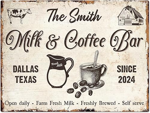 Letrero de café rústico personalizado para decoración de cafetería, letrero personalizado de barra de café de granja, leche fresca de granja,