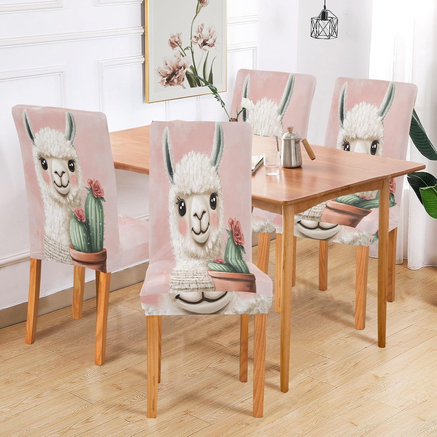 ALAZA Chair Covers for Dining Room, Cute Llama with_Cactus on Pink Stretch Chair Cover Sets Chair Protector Removable Washable for Ktichen Restaurant Hotel