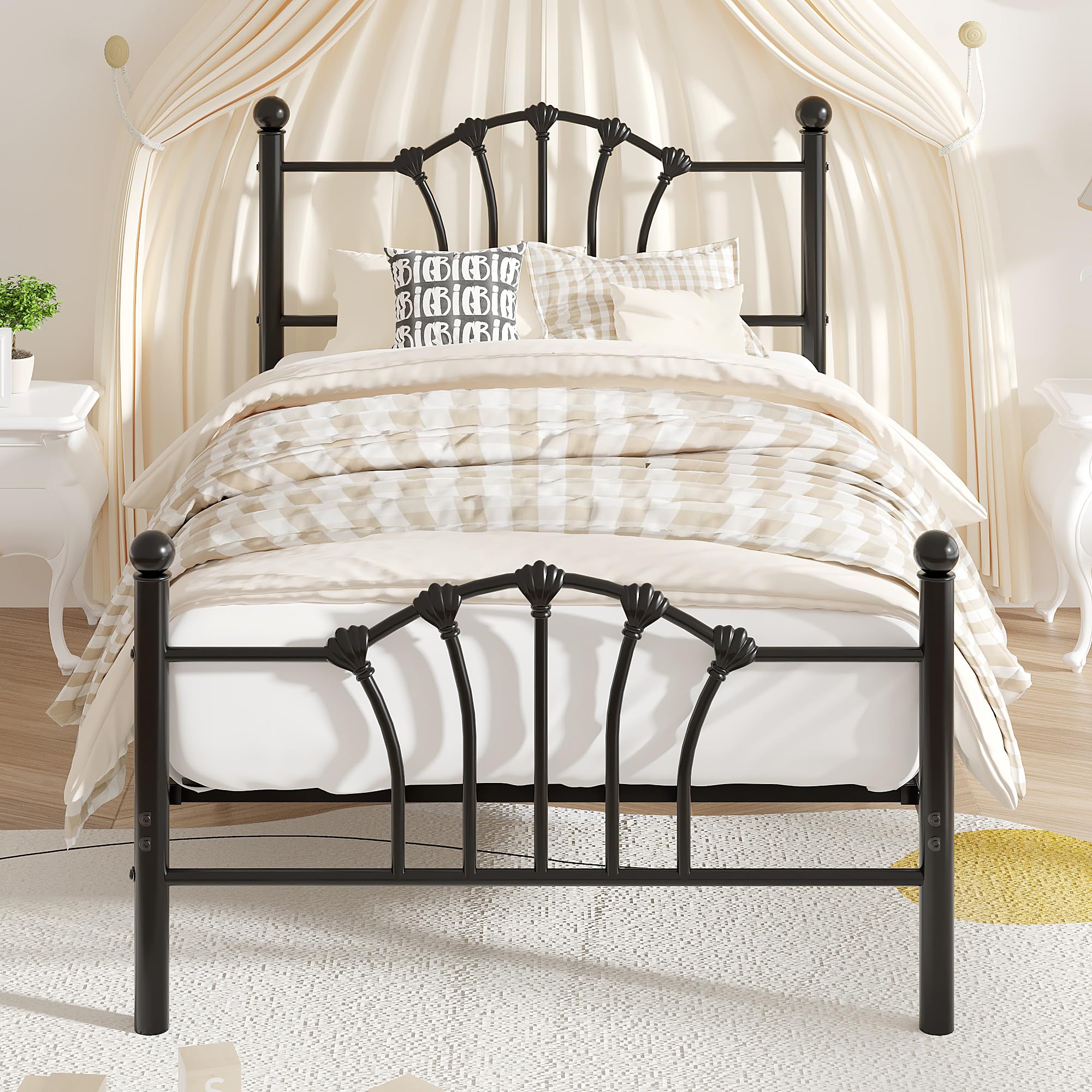 VECELO Twin Size Bed Frame with Headboard/Footboard, Mattress Foundation with Steel Slat Support, Under Bed Storage, No Box Spring Needed, Easy Assembly, Black