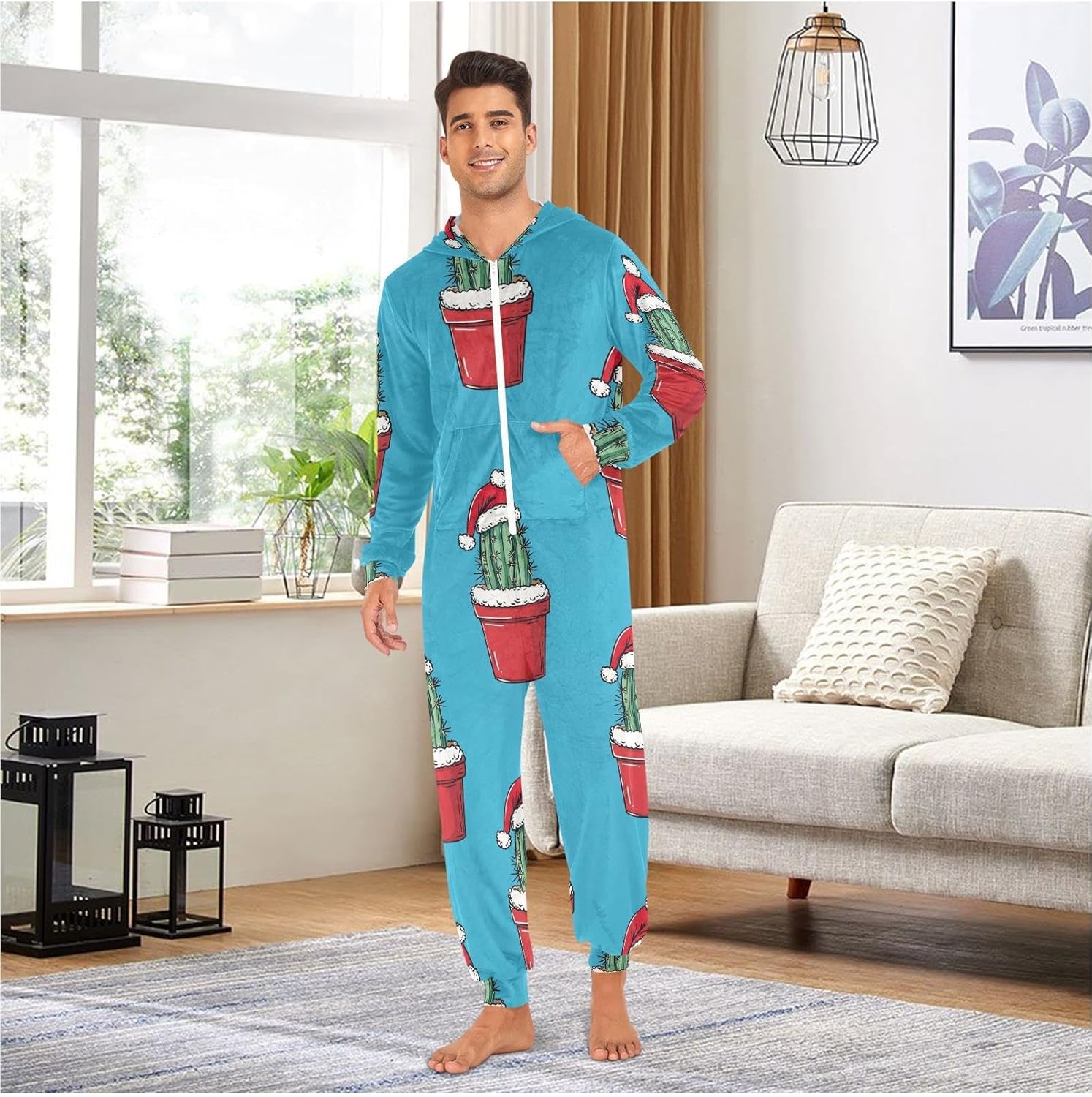 ZZKKO Christmas Cactus Potted Adult Onesie Pajamas for Women Men Cozy One Piece Pajamas Costume Zip-Up Hooded S-XL