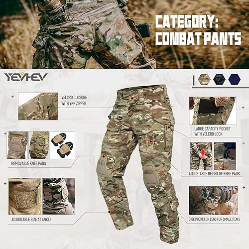 Miniatura 4 de YEVHEV Pantalones de combate G3, pantalones tácticos, ropa militar, ropa de camuflaje, equipo de paintball con rodilleras para hombre