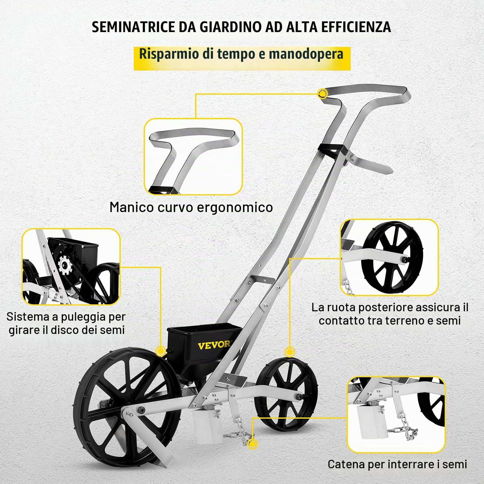 VEVOR Seminatrice a Mano in Alluminio + ABS, 6 Piastre per sementi monofila, 78-84 cm, Regolabile in Altezza, 6 cm, Ruota Anteriore 5 cm, Ruota Posteriore Ideale per Semi Come Mais, porri, Spinaci,