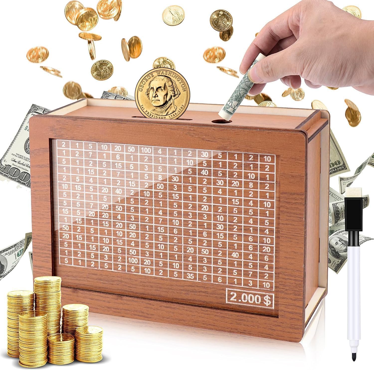 Wooden Money Box Piggy Bank, Countdown Money Saving Box with 2000 Dollars Target, Money Box with Money Target and Numbers to Check for Boys Girls (2000 USD)